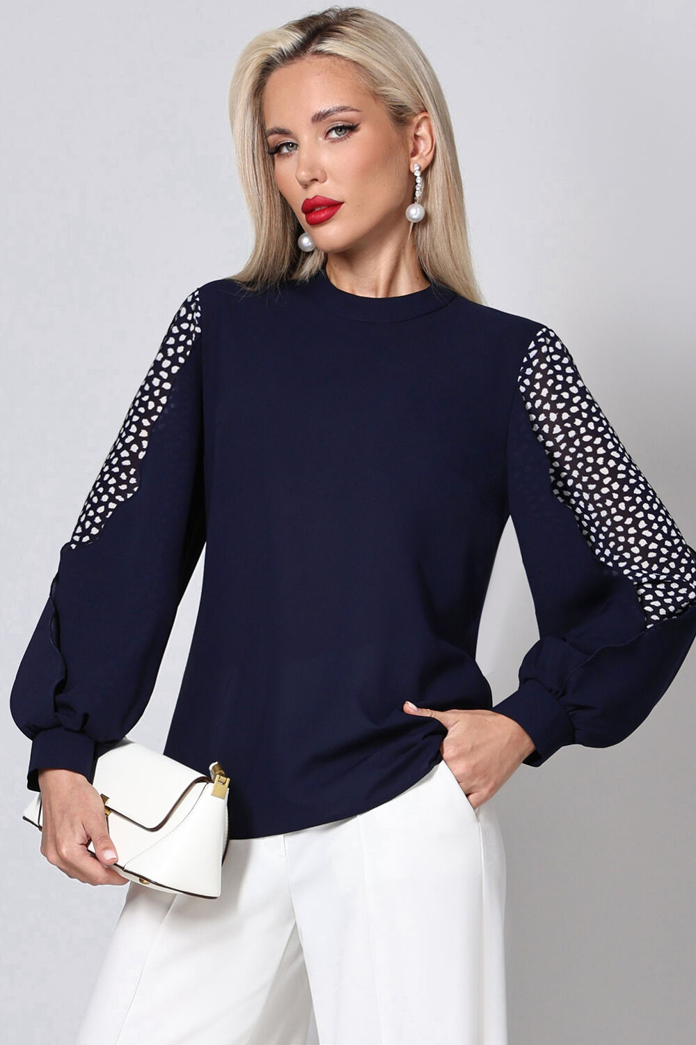 Блузка тёмно-синяя с длинными рукавами Мари, найт SelenaSonata(фото7)