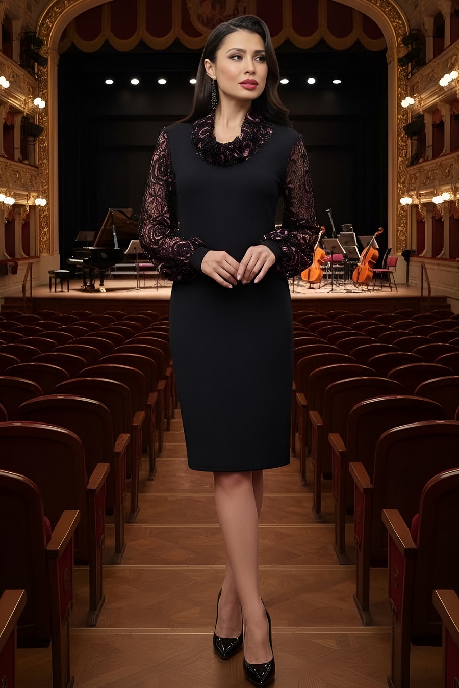 Платье чёрное трикотажное с рукавами из кружева Составляющие успеха, класс SelenaSonata(фото3)