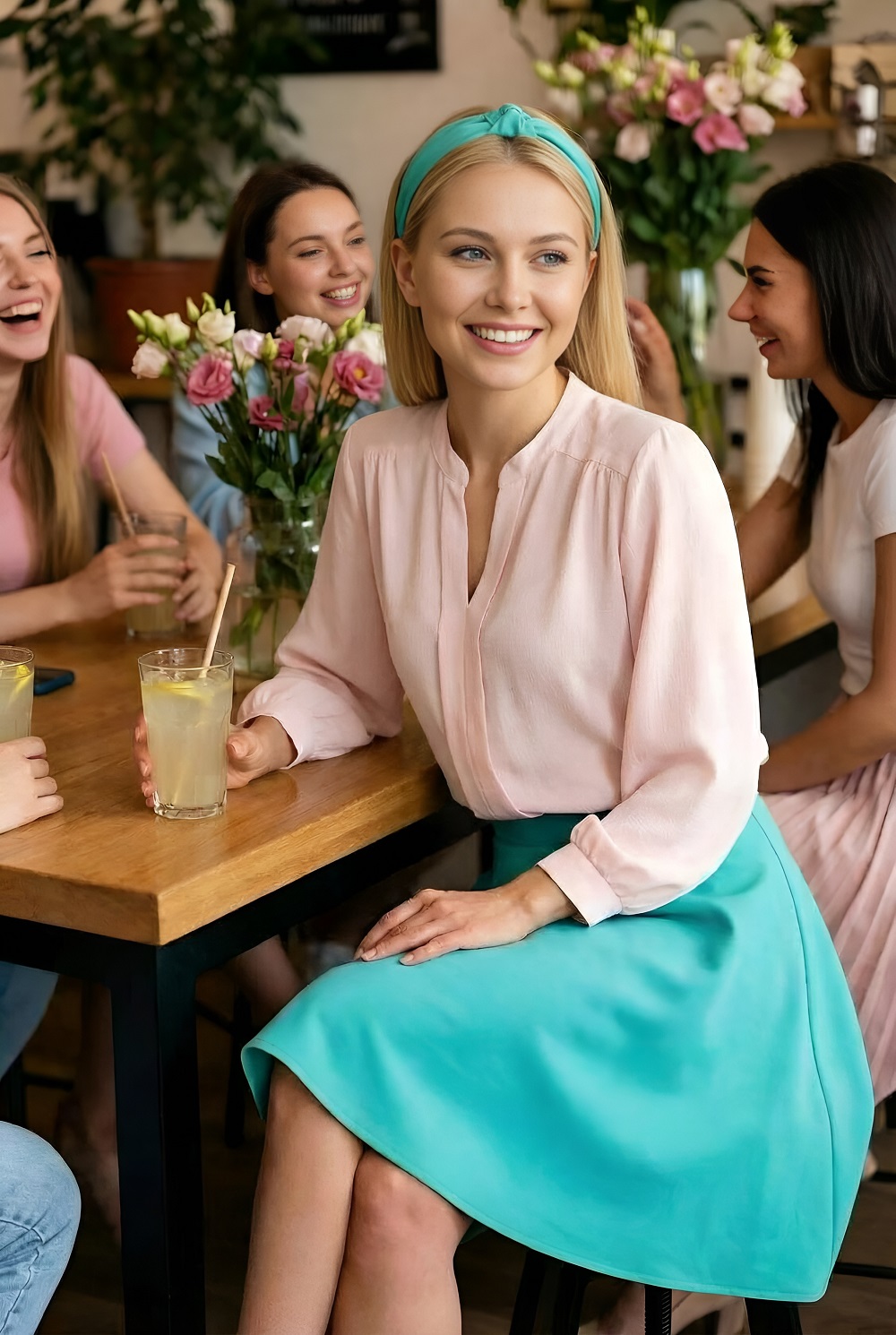 Блузка персикового цвета с воротником-стойка Шарлиз, нежная SelenaSonata(фото6)