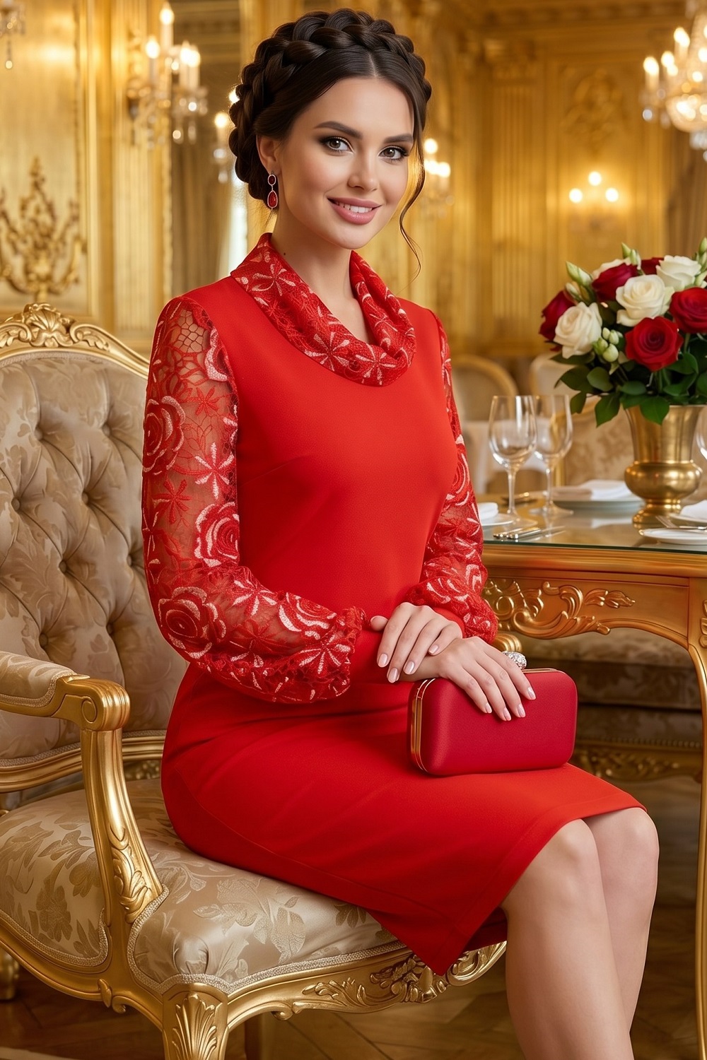 Платье красное трикотажное с рукавами из кружева Составляющие успеха, рэд SelenaSonata(фото2)