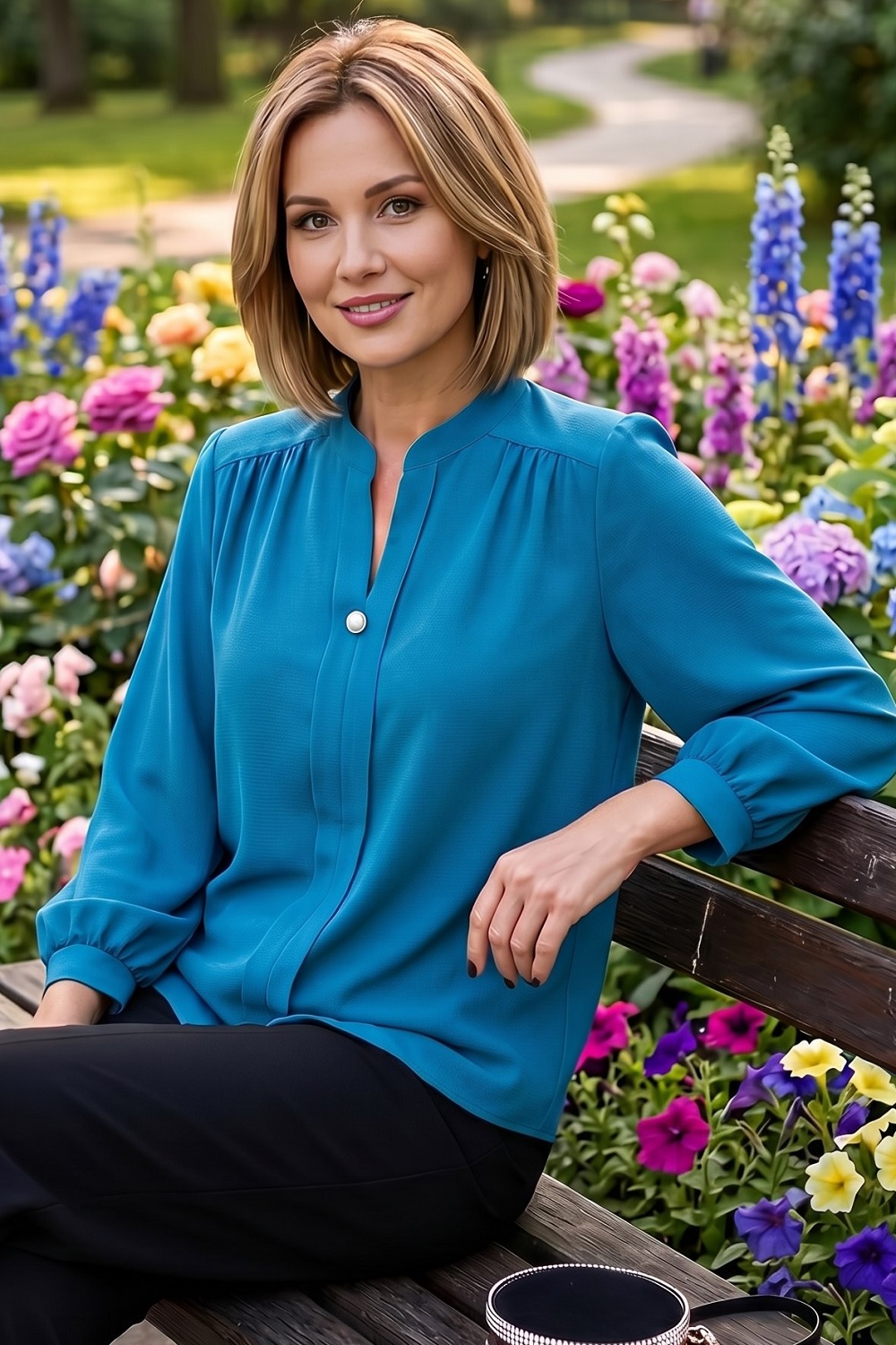 Сине-зелёная блузка с воротником-стойка Шарлиз, супер
