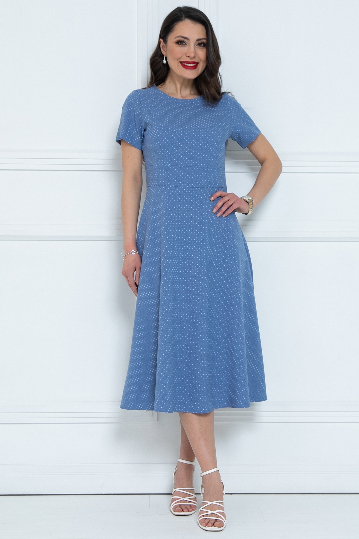 Платье голубое в мелкий горошек Diolche