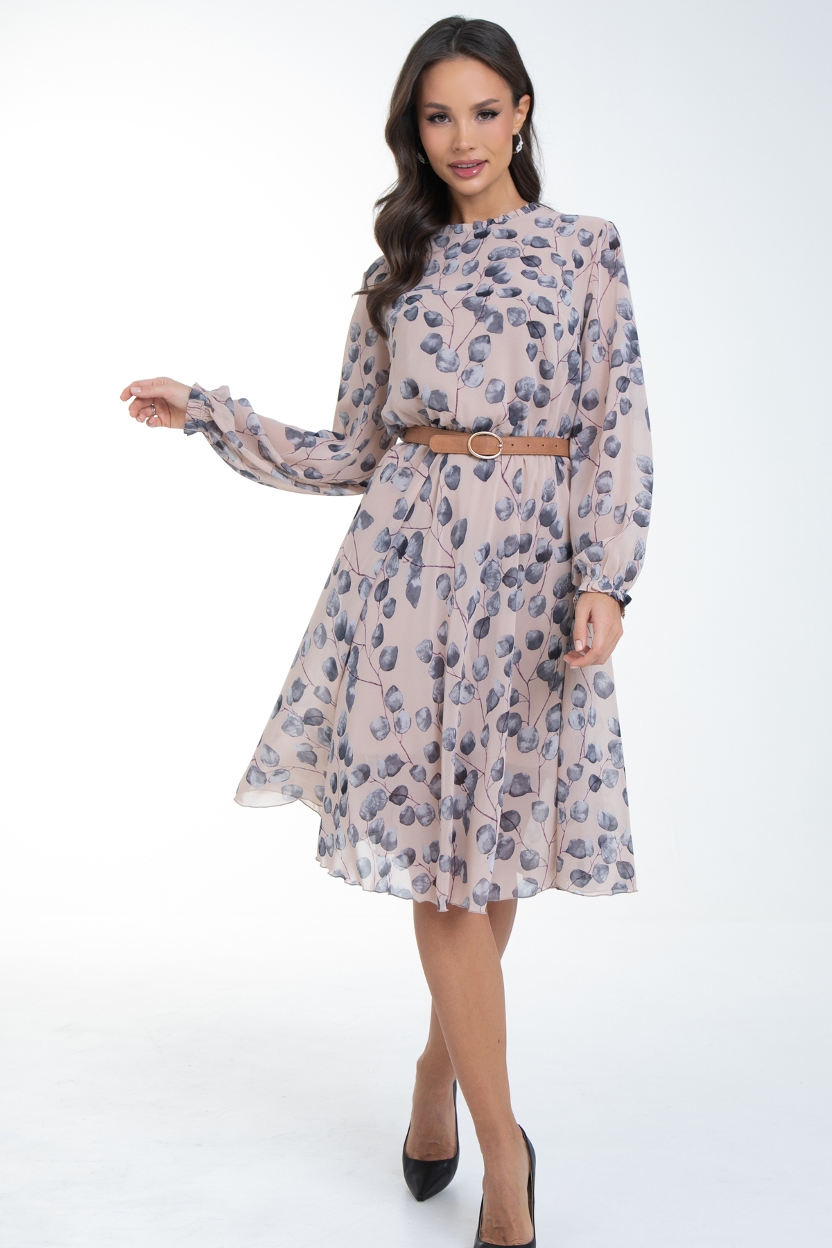 Платье шифоновое бежевое с принтом Diolche(фото5)