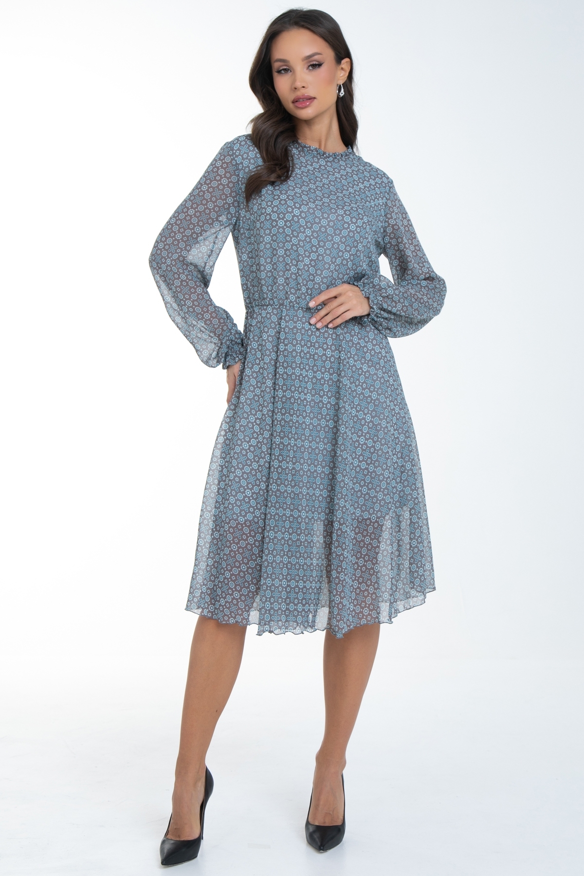 Платье шифоновое серо-голубое с принтом Diolche(фото4)