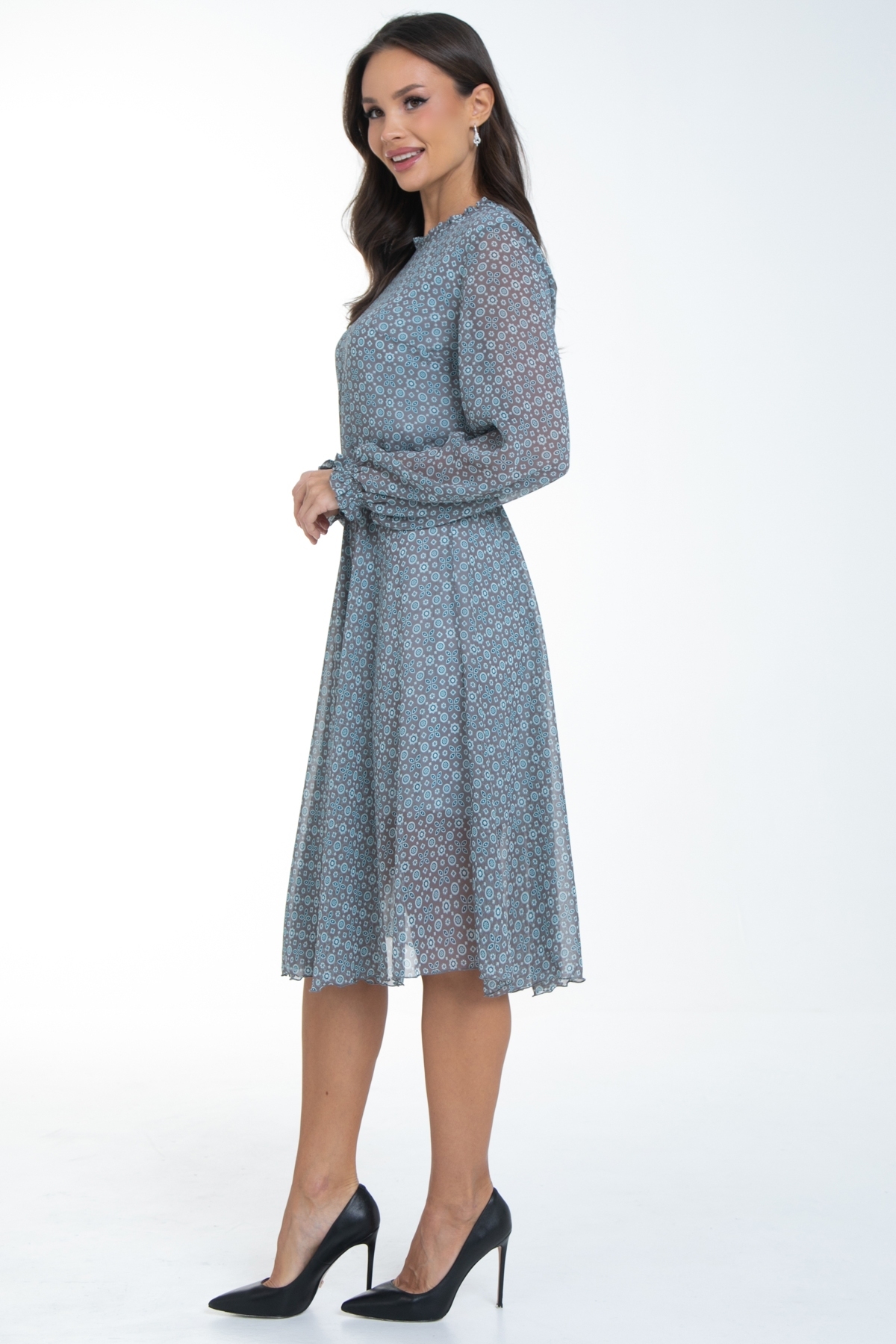 Платье шифоновое серо-голубое с принтом Diolche(фото8)