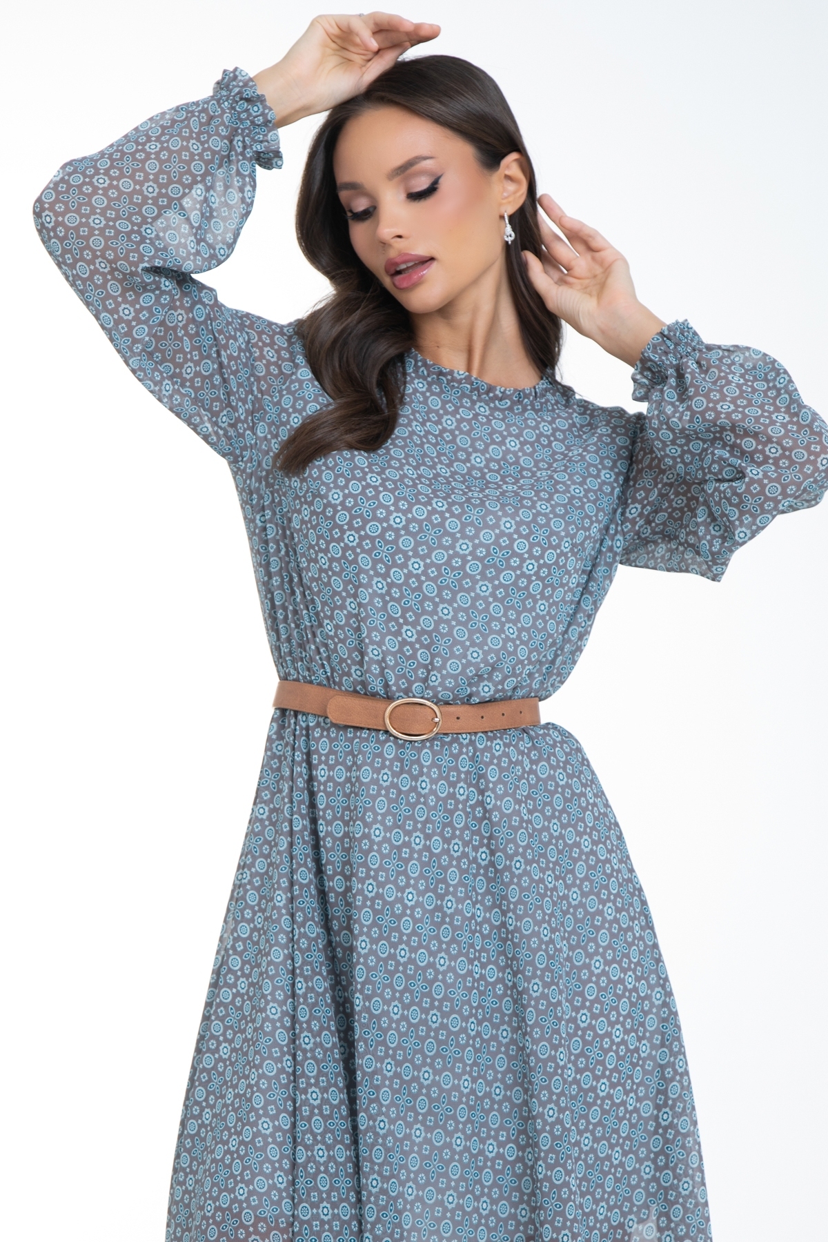 Платье шифоновое серо-голубое с принтом Diolche(фото3)