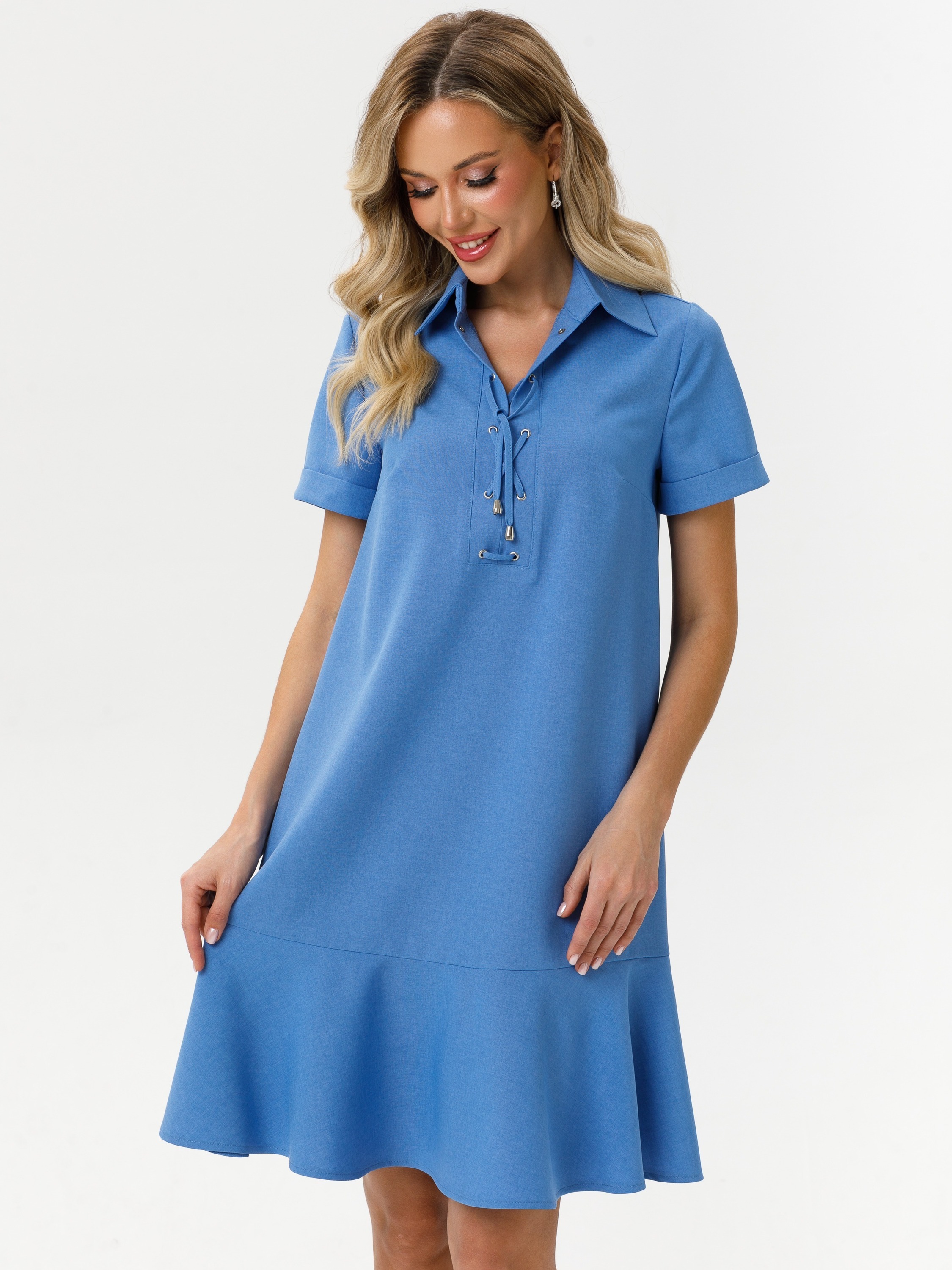 Платье-трапеция голубое с поясом Diolche(фото3)