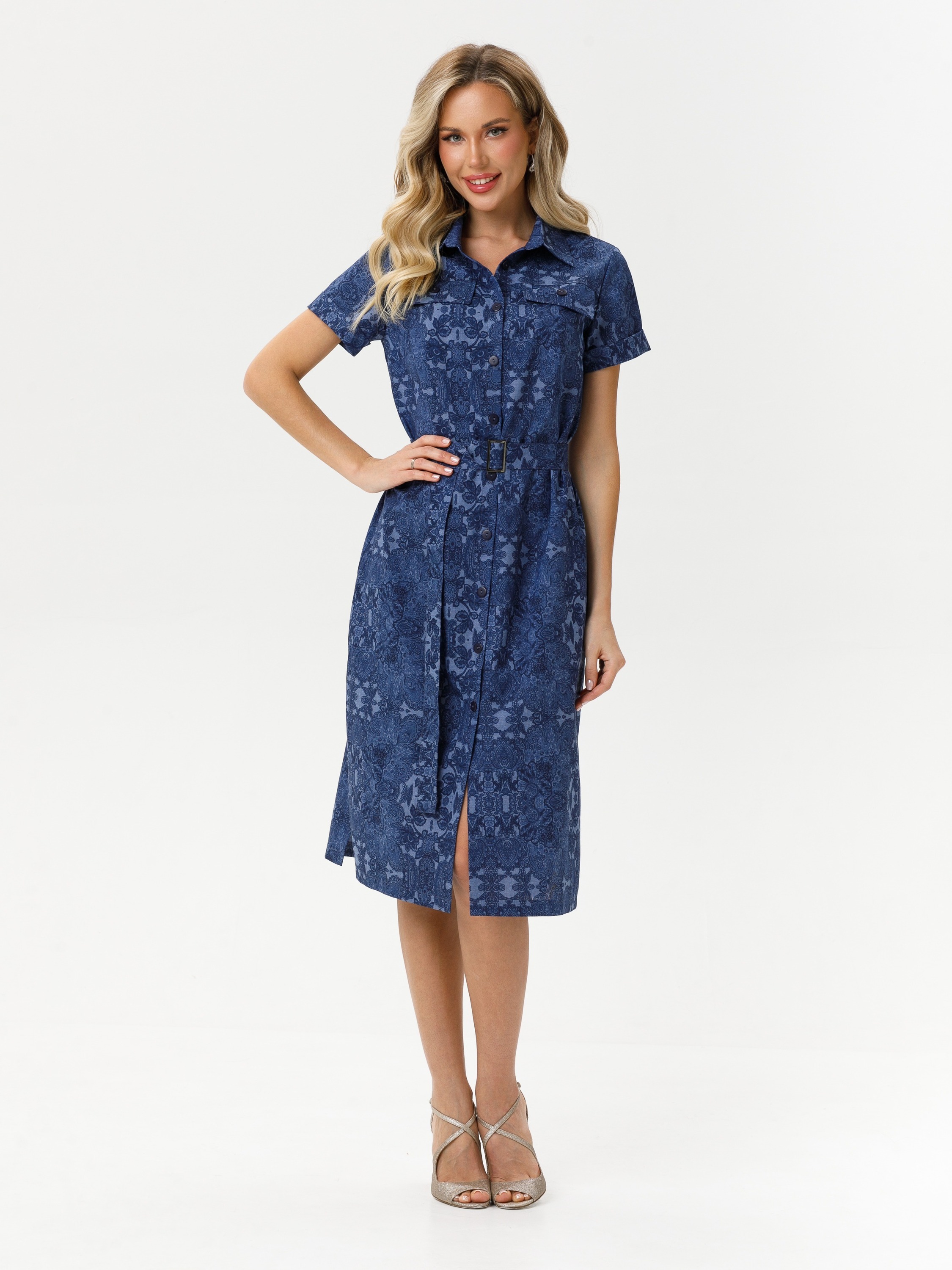 Платье-рубашка синее с поясом Diolche(фото2)