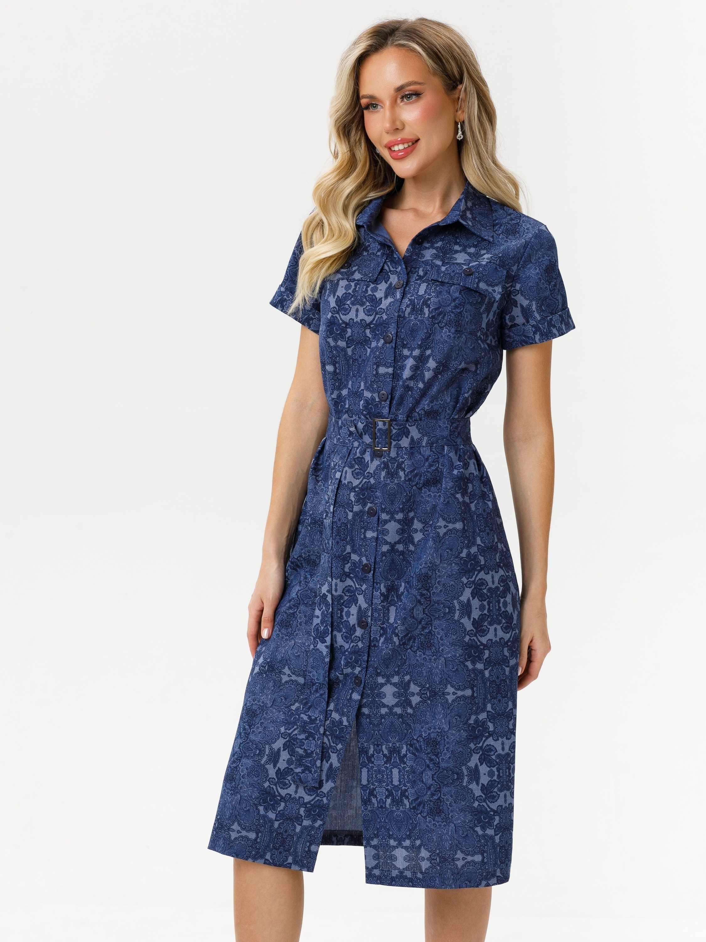 Платье-рубашка синее с поясом Diolche(фото3)