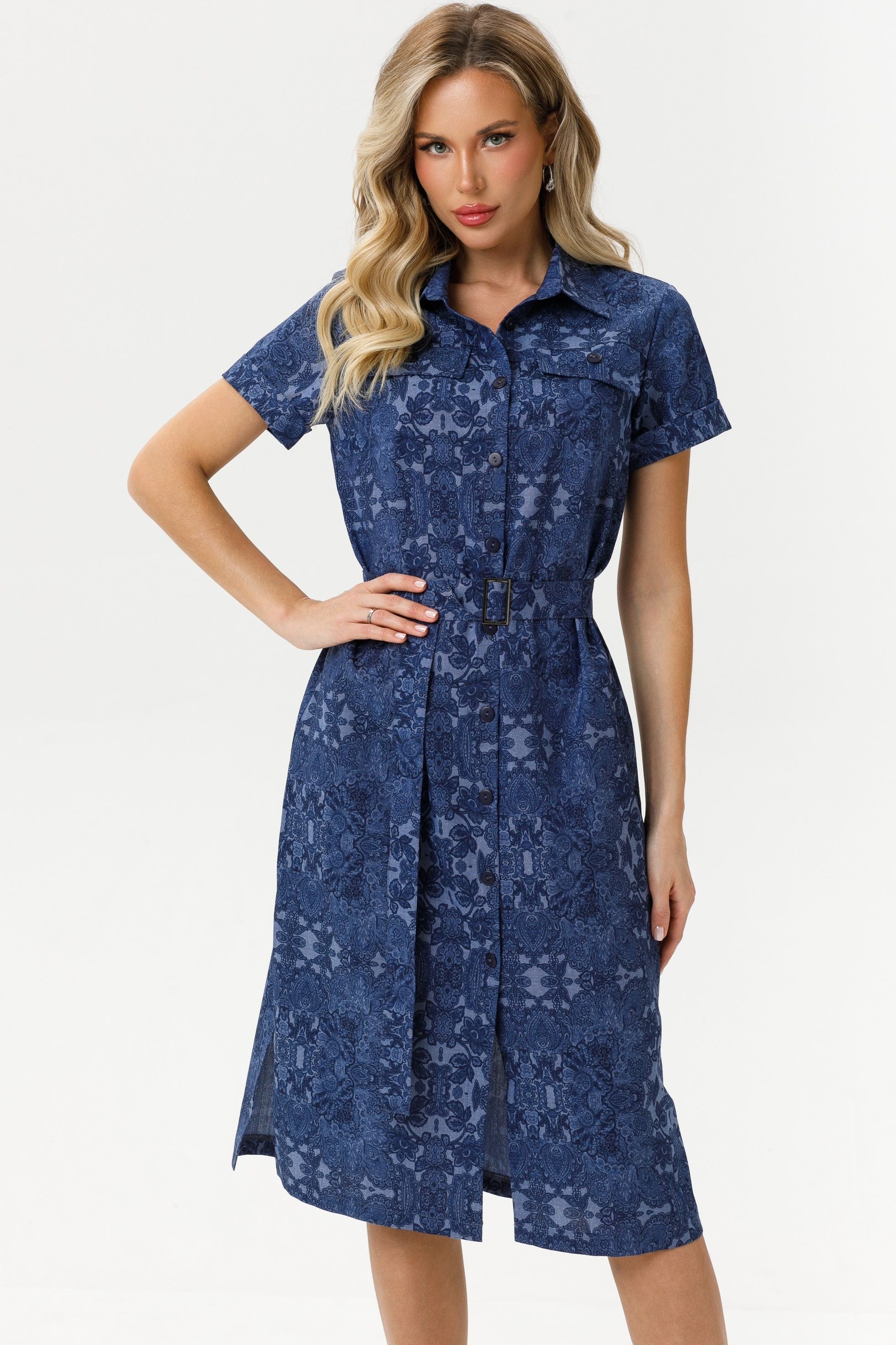 Платье-рубашка синее с поясом Diolche