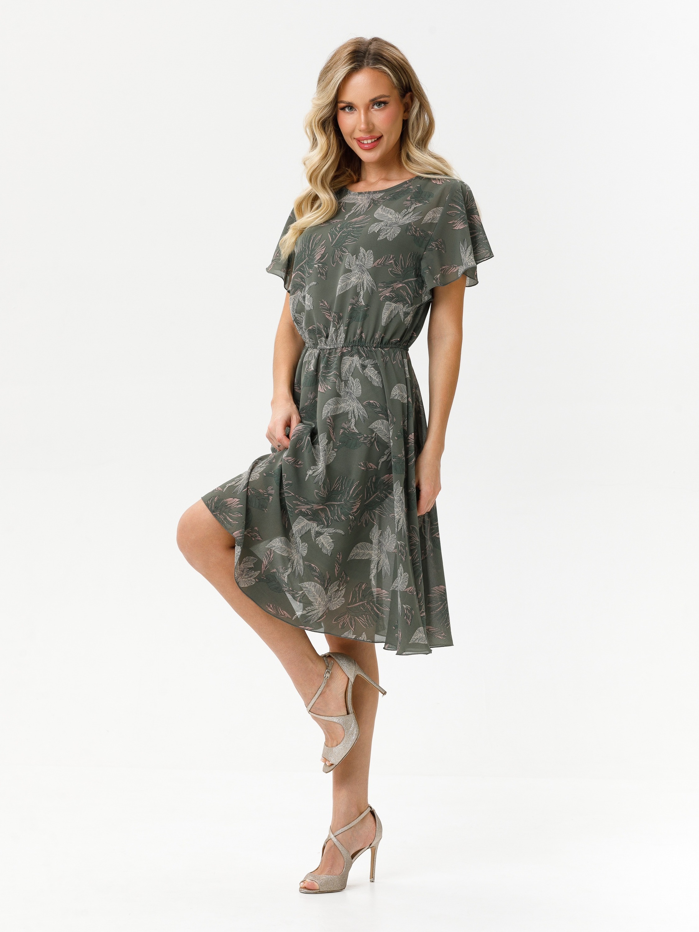 Платье шифоновое оливкового цвета с принтом Diolche(фото6)