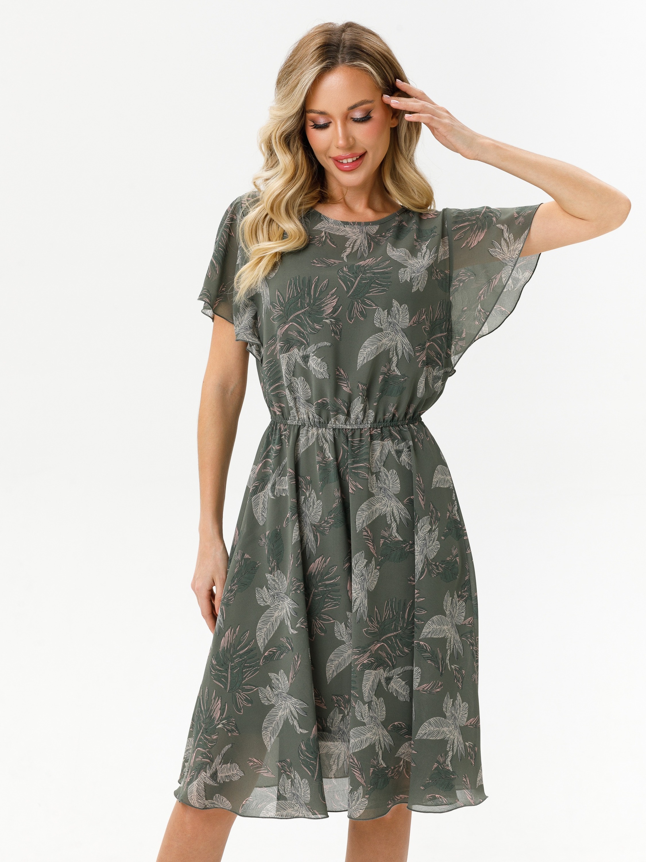 Платье шифоновое оливкового цвета с принтом Diolche(фото4)