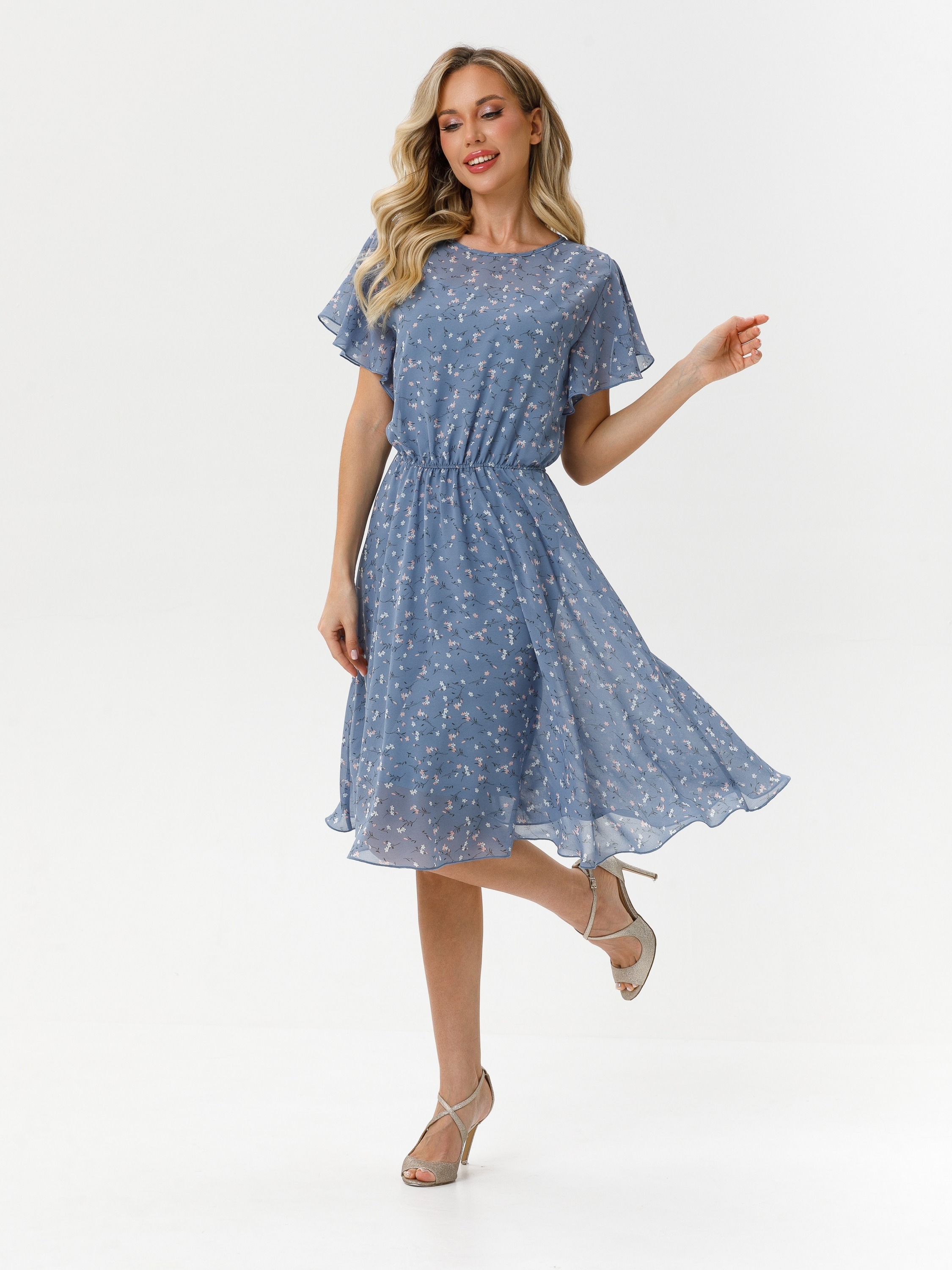 Платье шифоновое голубое с цветочным принтом Diolche(фото3)