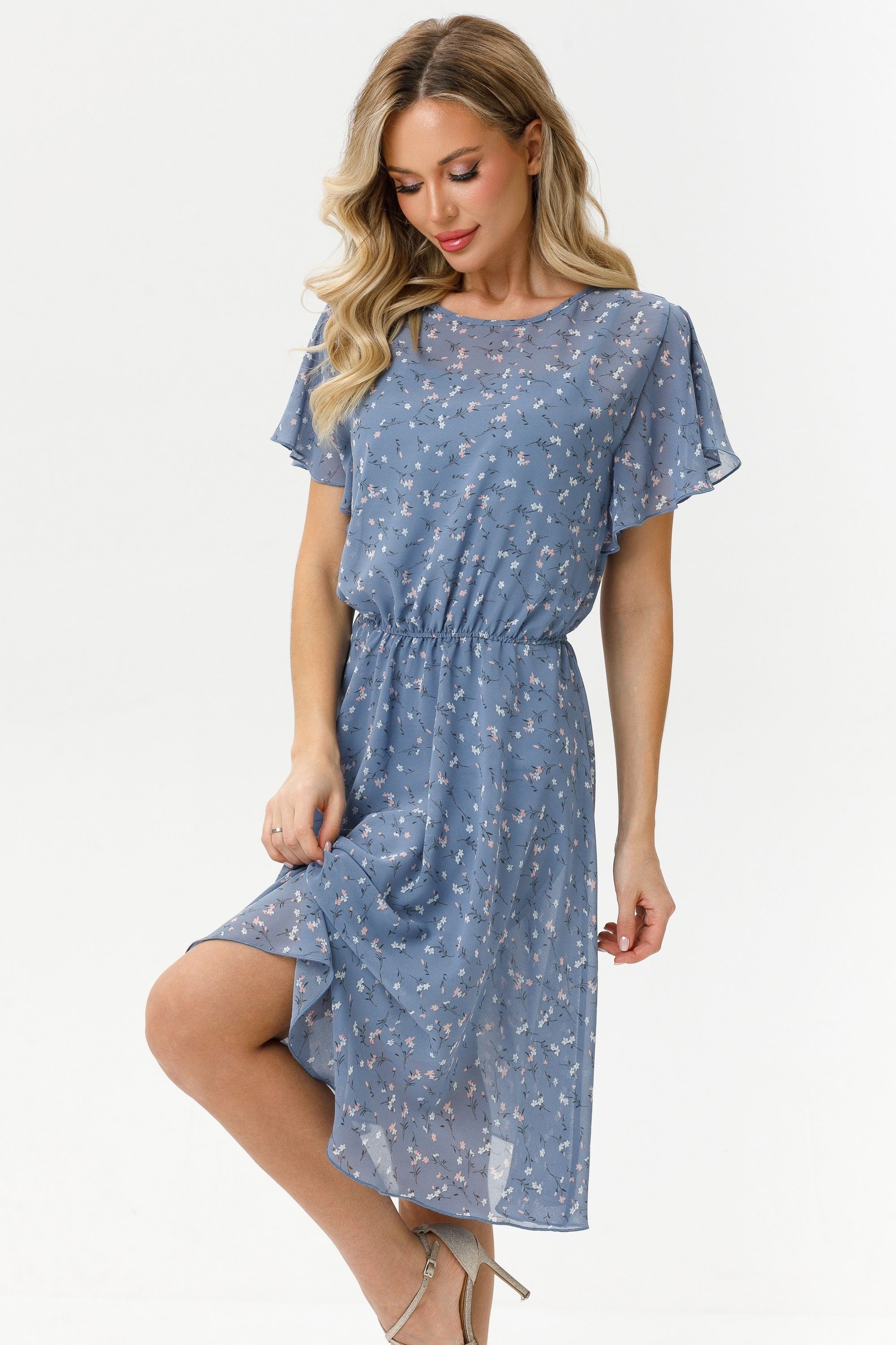 Платье шифоновое голубое с цветочным принтом Diolche