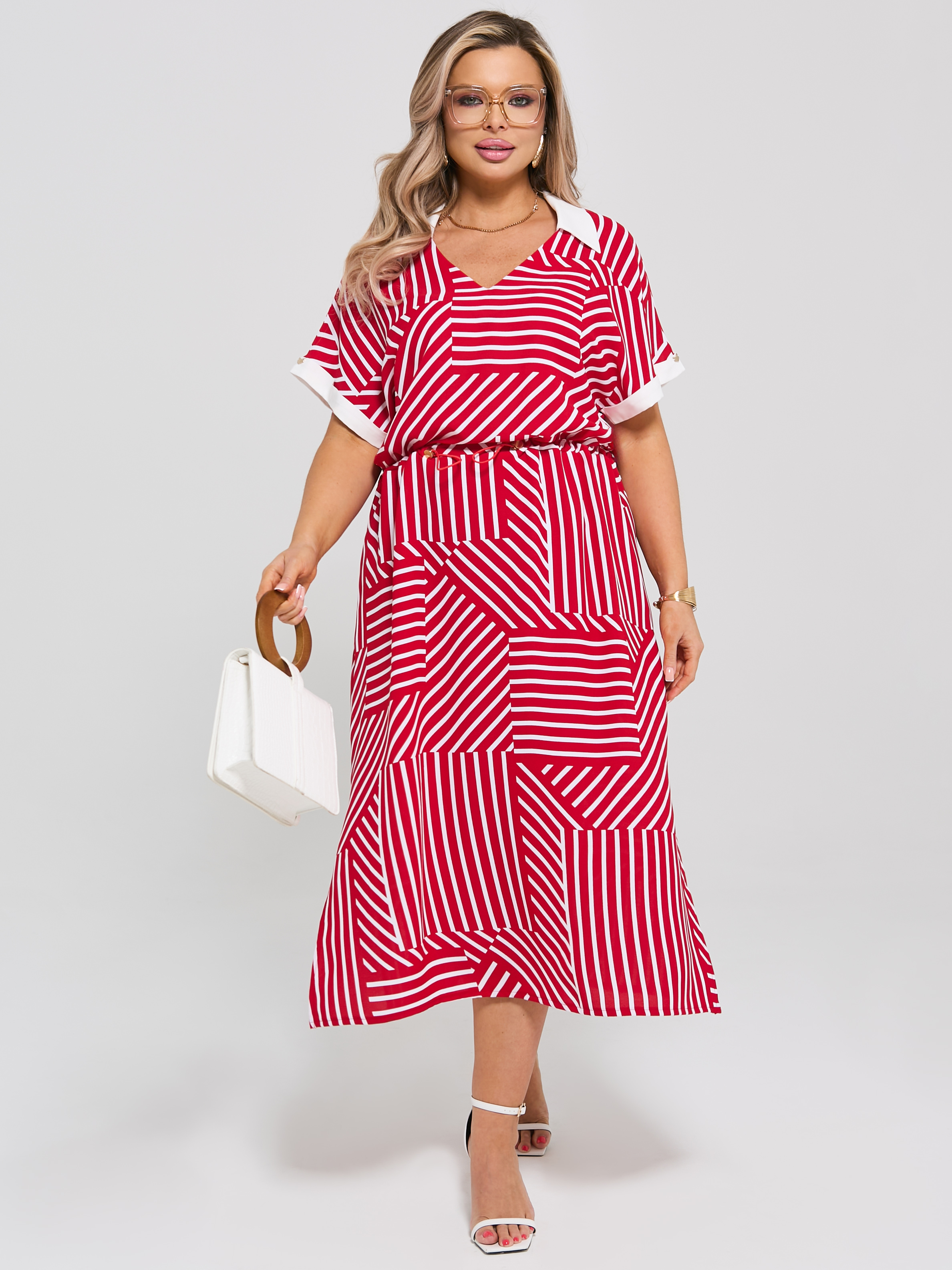 Платье красное в полоску с разрезами по низу Dora(фото2)