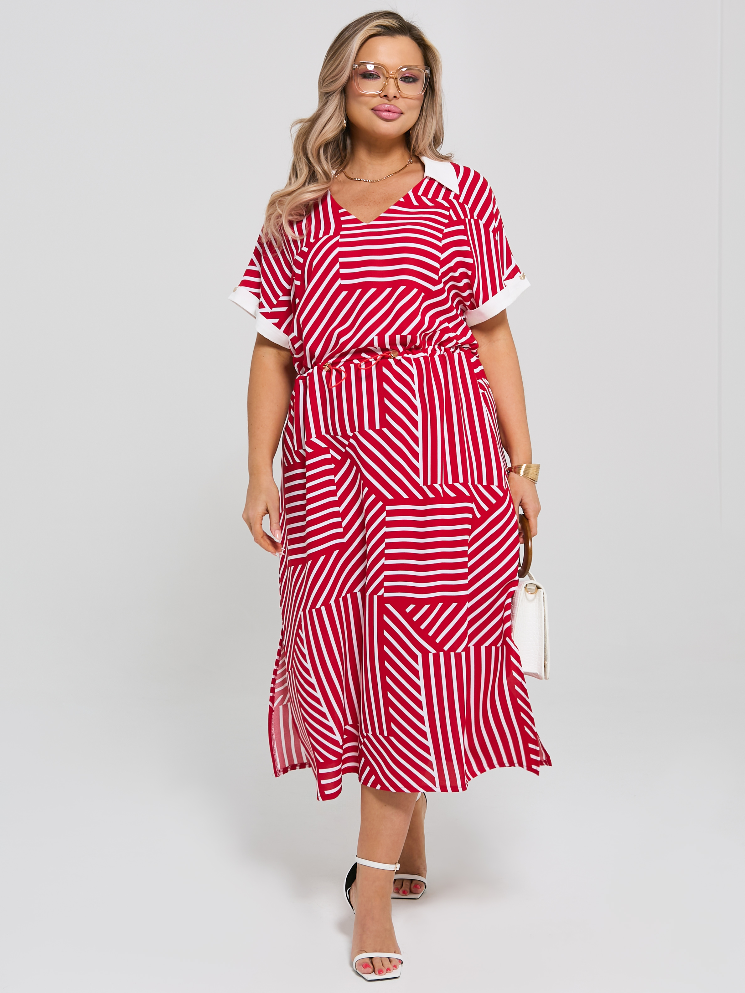 Платье красное в полоску с разрезами по низу Dora(фото5)