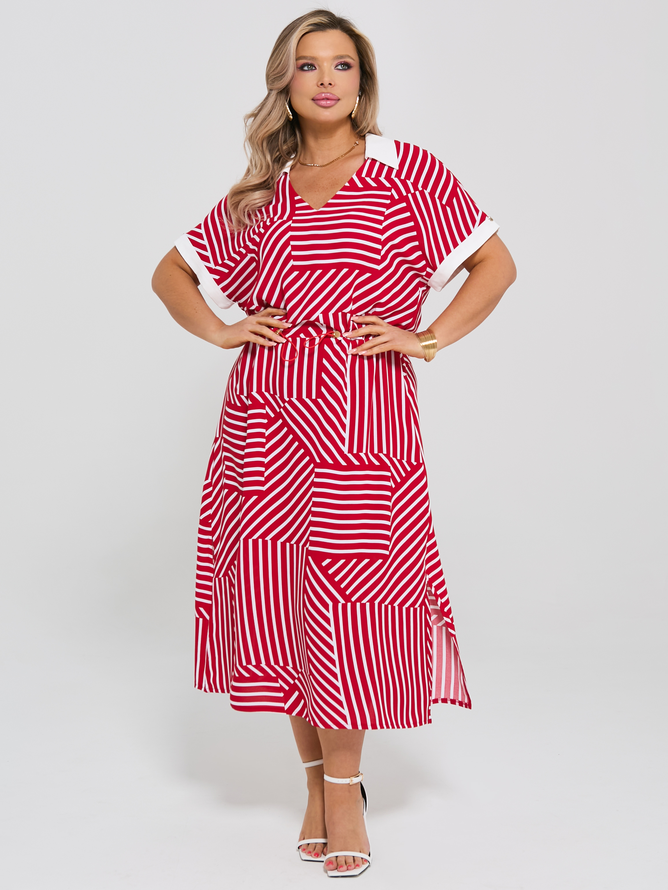 Платье красное в полоску с разрезами по низу Dora(фото7)