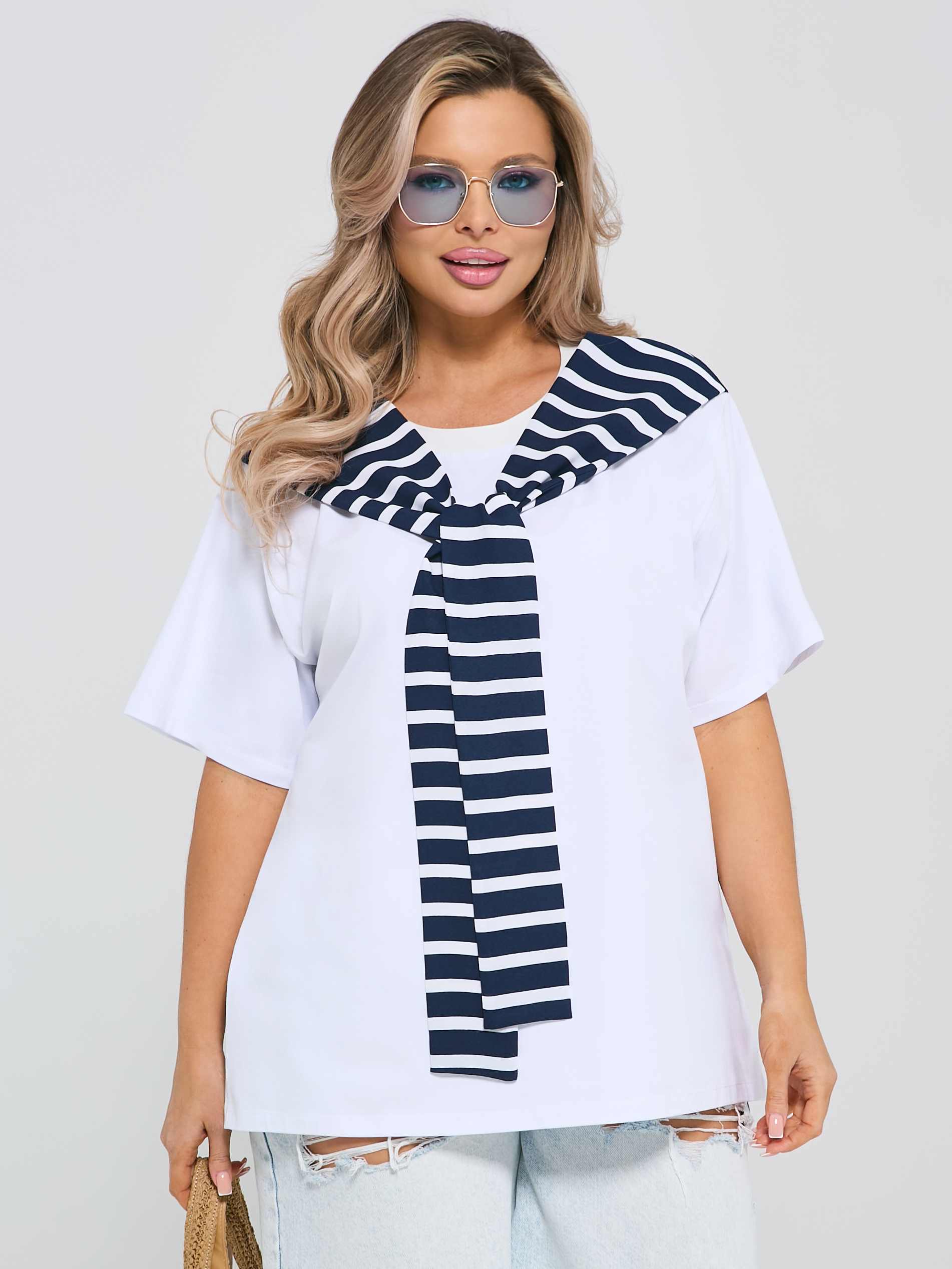 Футболка трикотажная с широким воротником в морском стиле Dora(фото5)