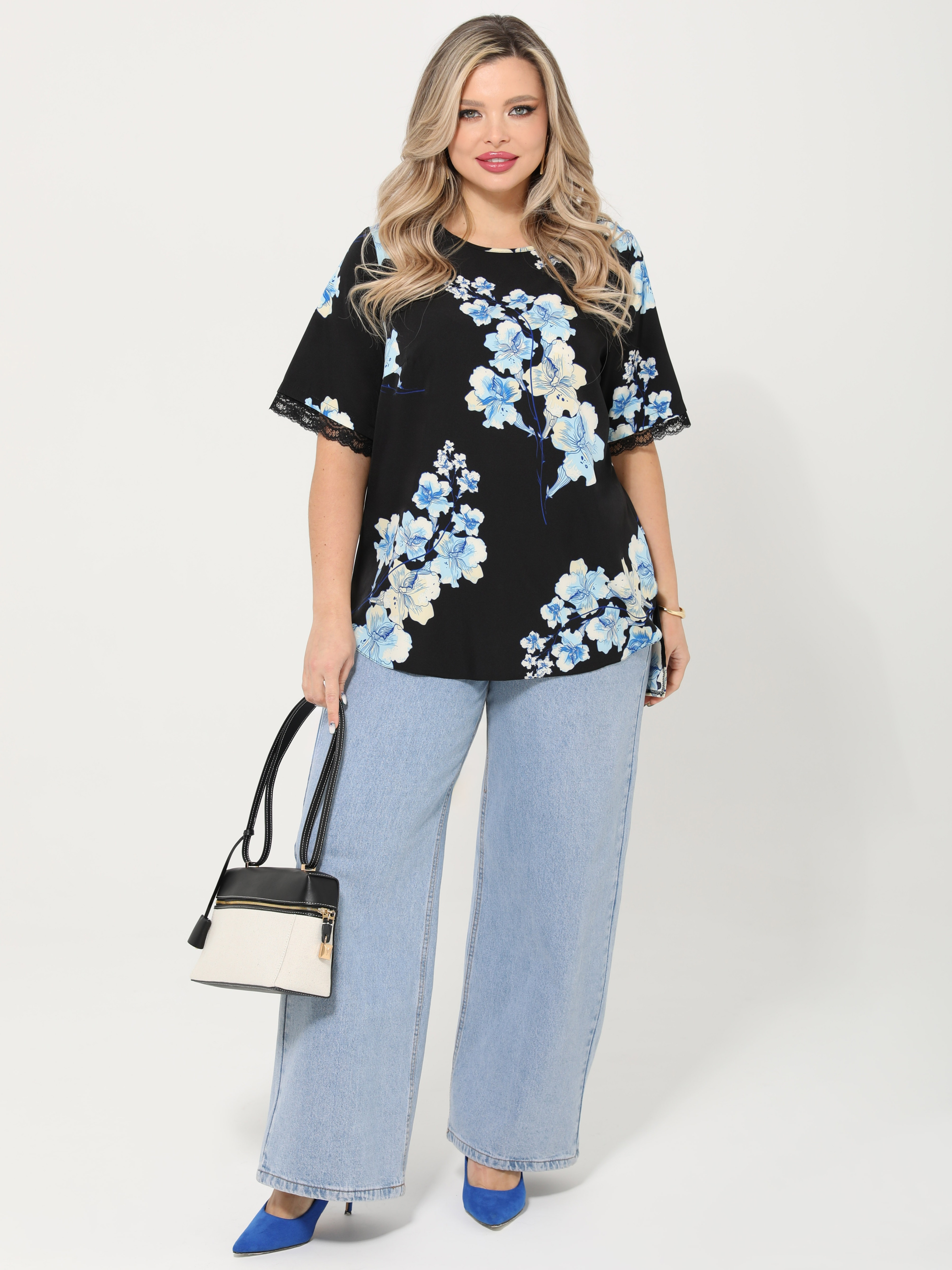 Блузка чёрная с цветочным принтом и кружевом Dora(фото2)