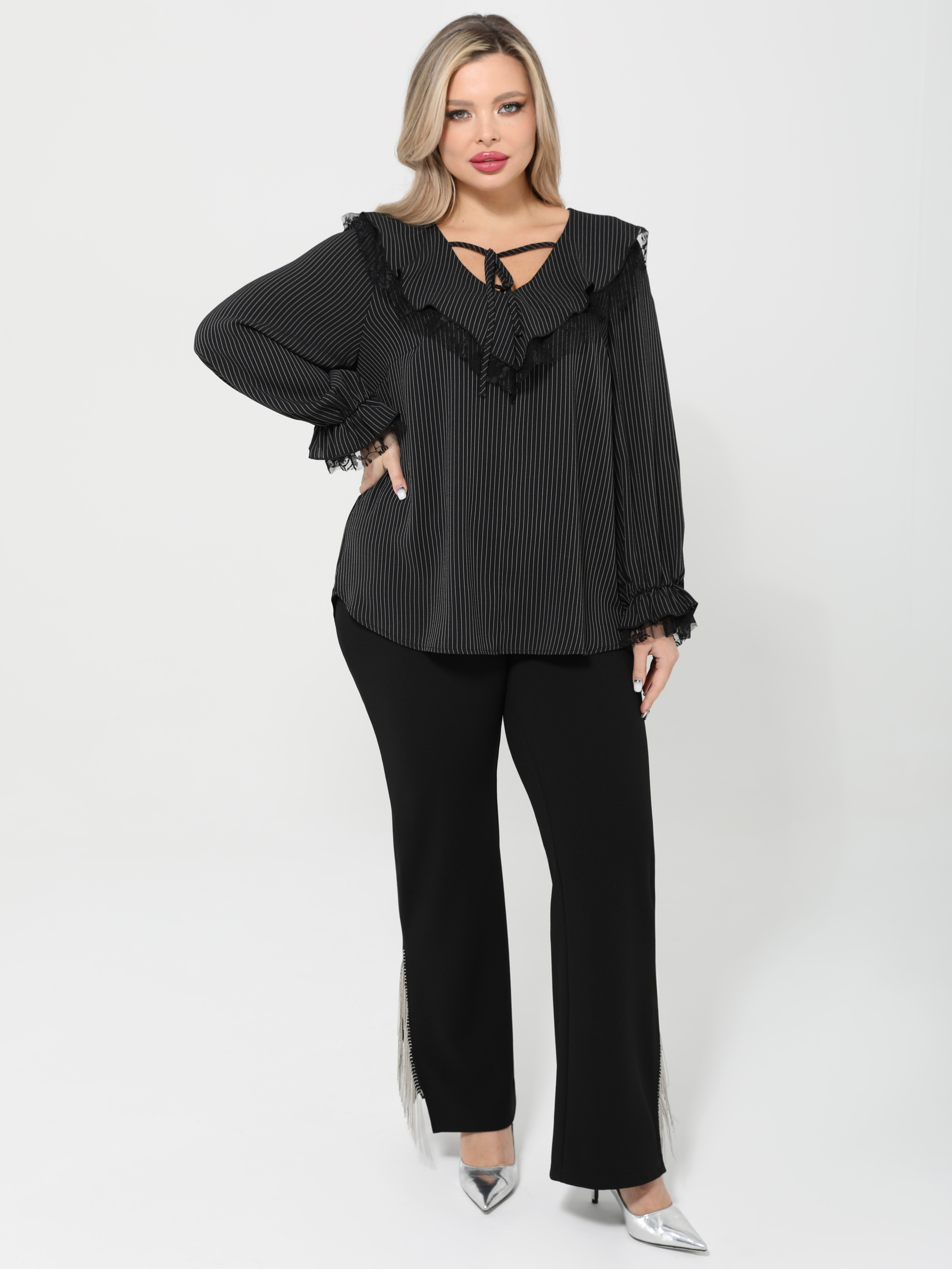 Брюки нарядные чёрные с металлической бахромой Dora(фото6)