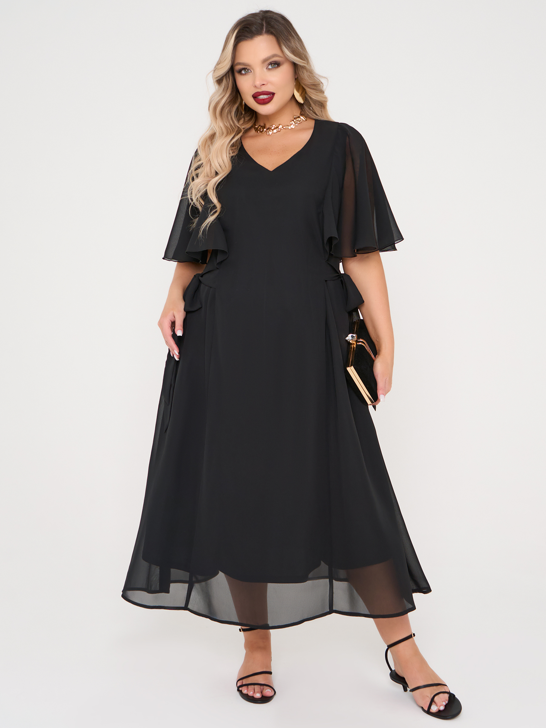 Платье длинное чёрное из шифона Dora(фото2)