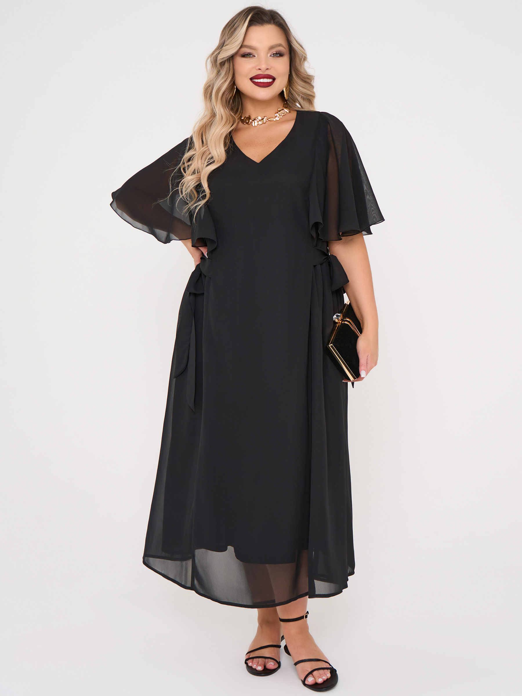 Платье длинное чёрное из шифона Dora(фото4)