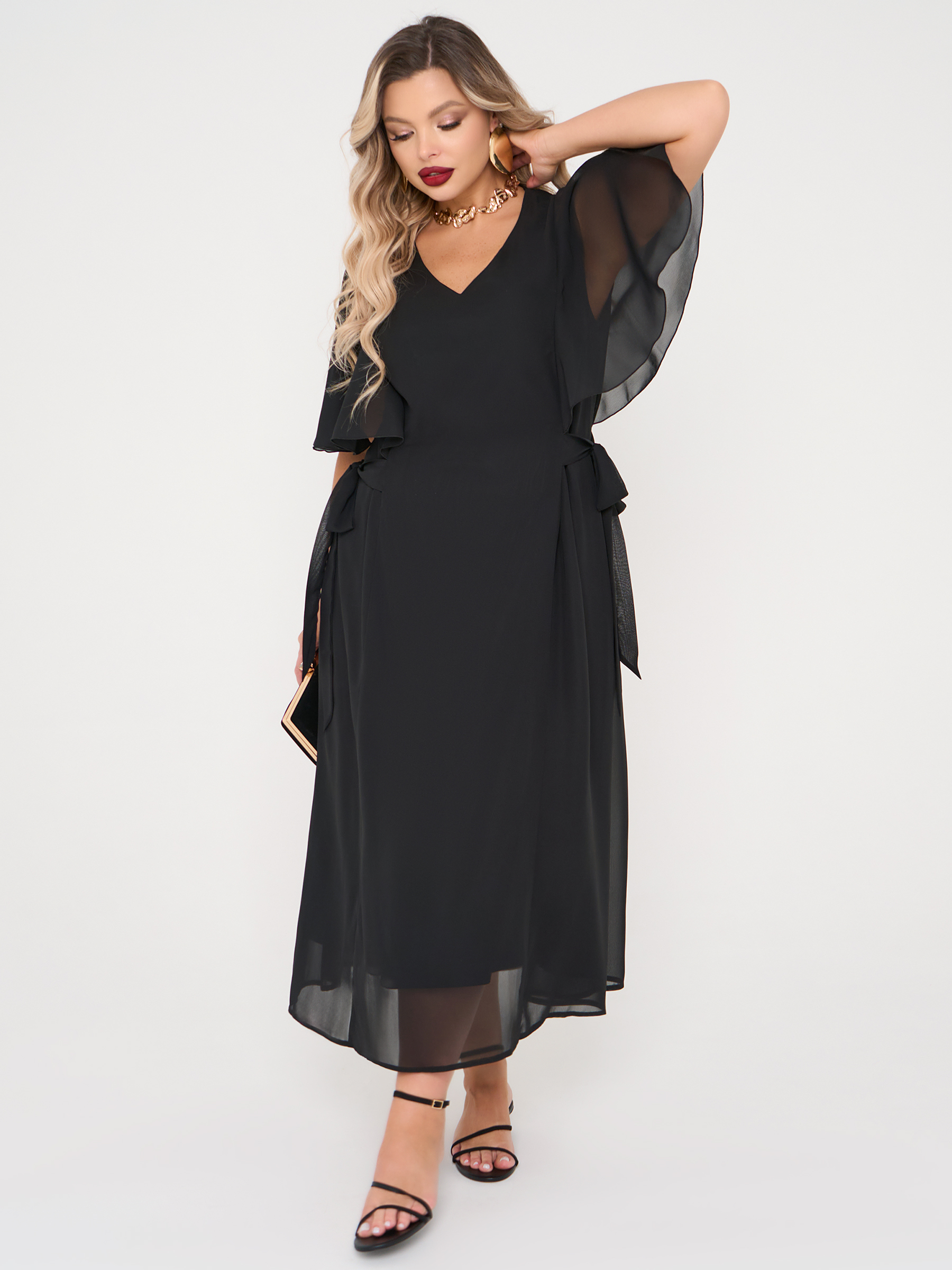 Платье длинное чёрное из шифона Dora(фото9)