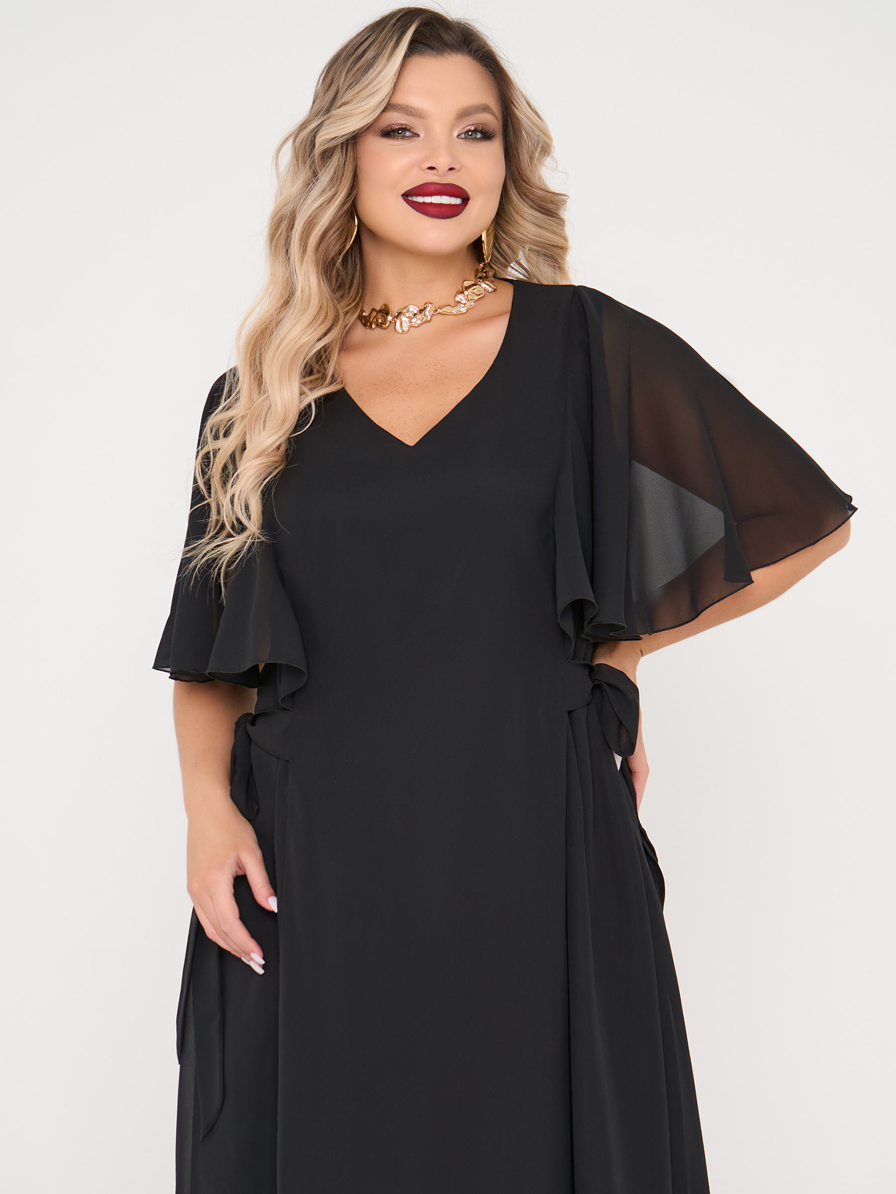 Платье длинное чёрное из шифона Dora(фото3)