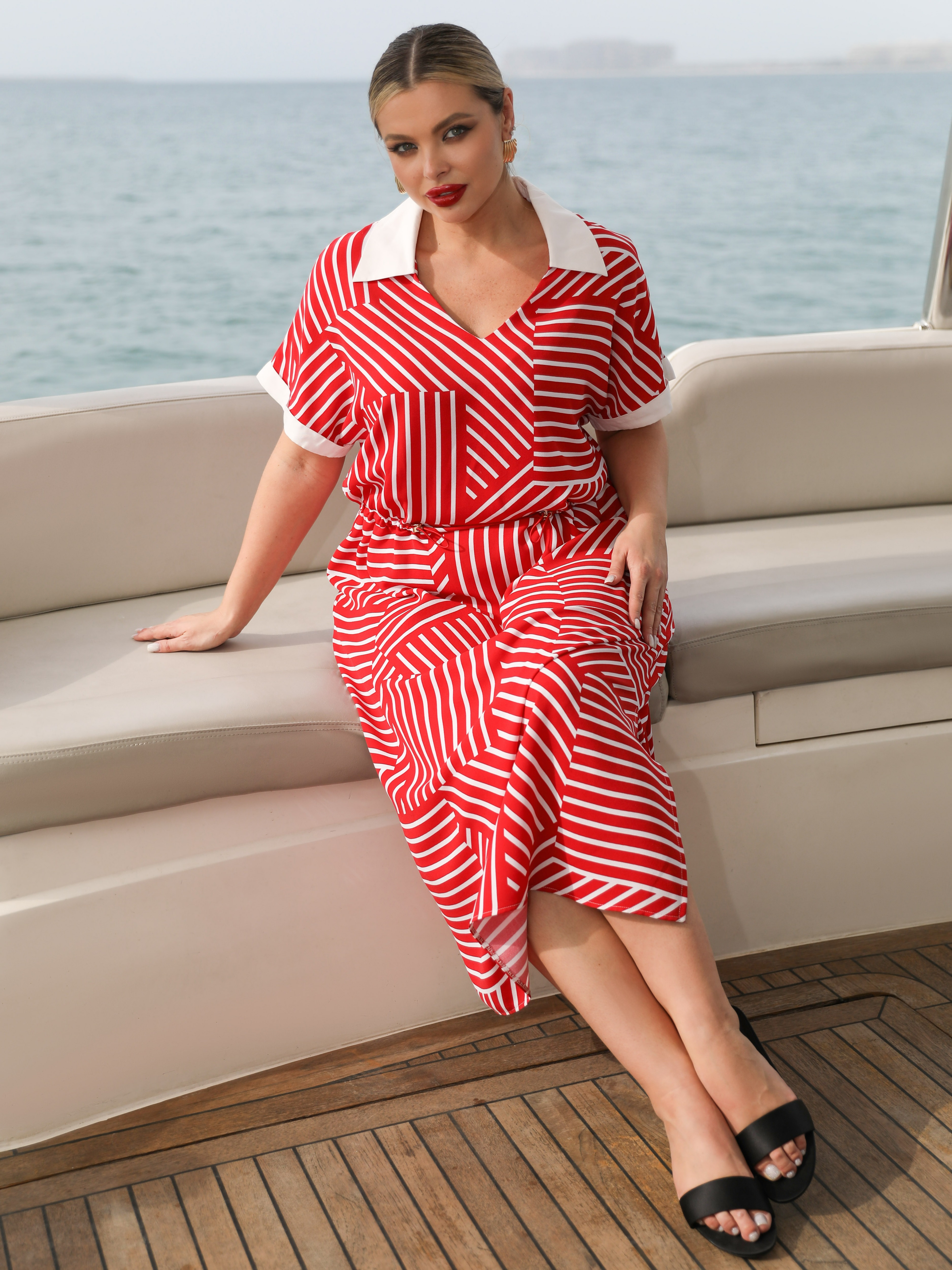 Платье красное в полоску с разрезами по низу Dora(фото10)