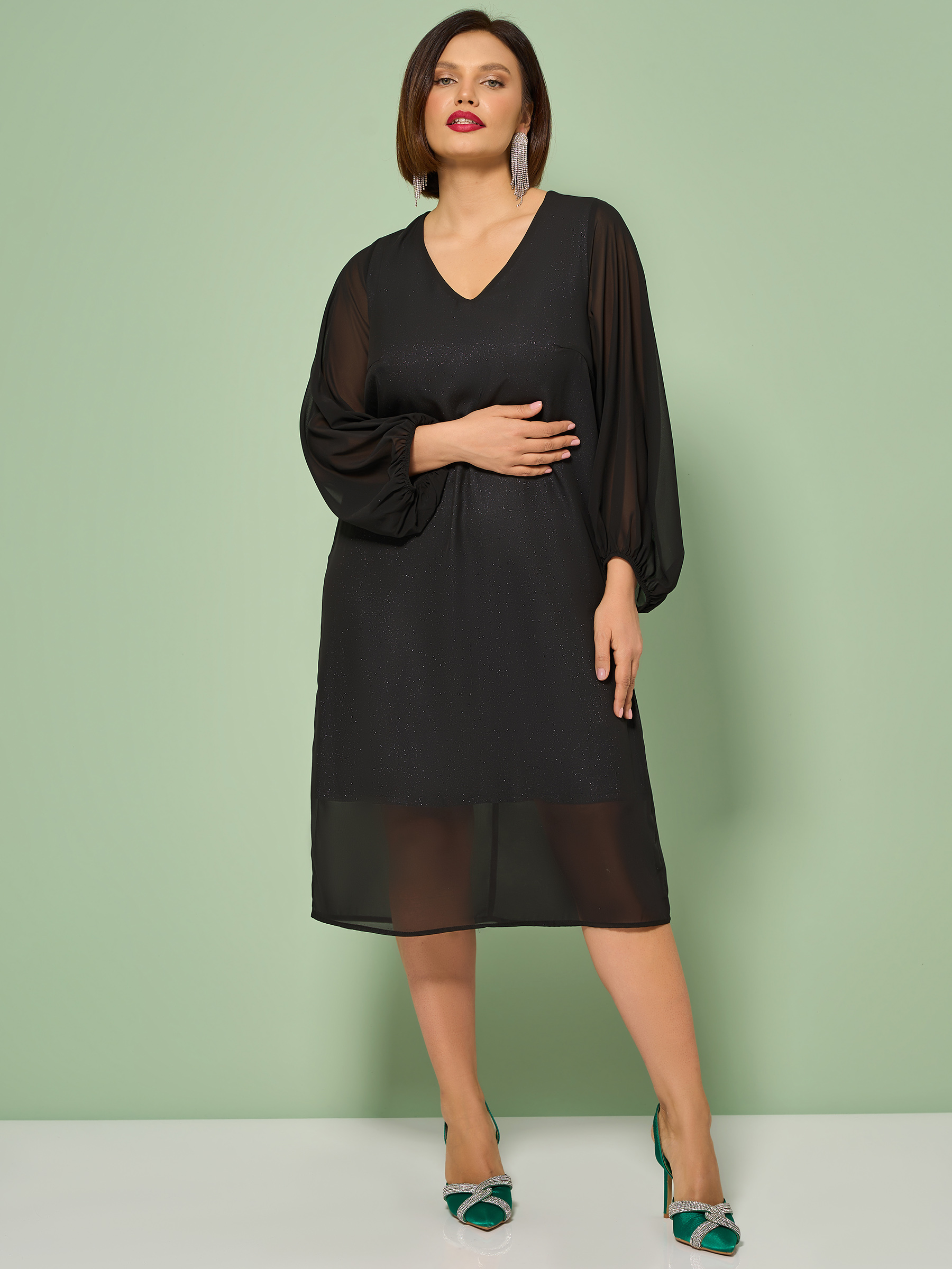 Платье чёрное шифоновое с объёмными рукавами Dora(фото6)