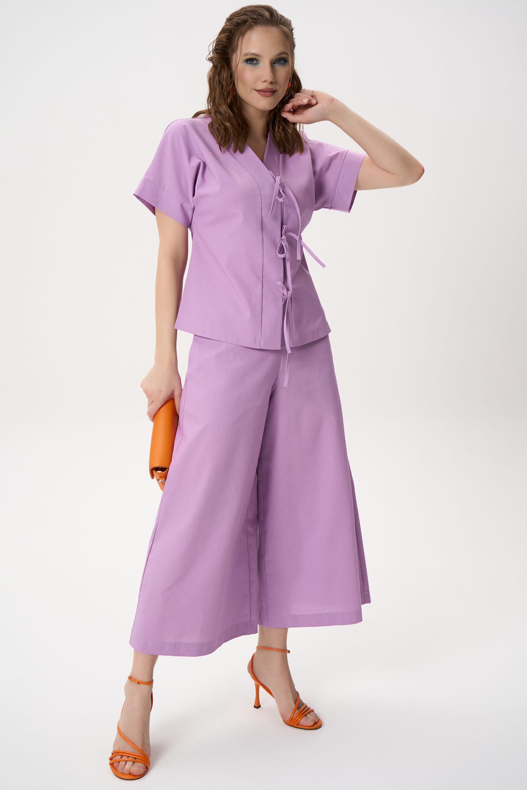 Костюм льняной сиреневый с брюками Elza(фото4)