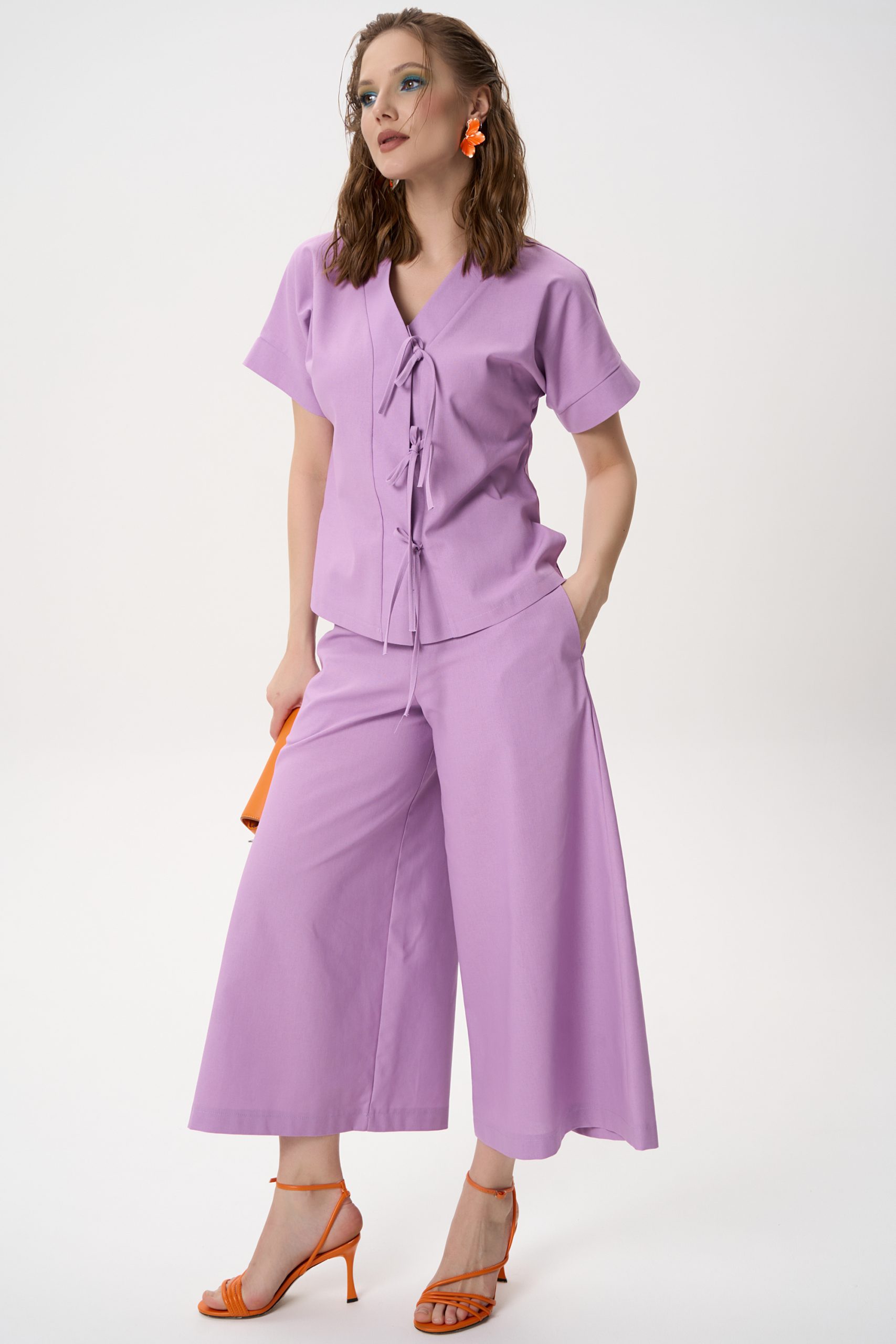 Костюм льняной сиреневый с брюками Elza(фото6)