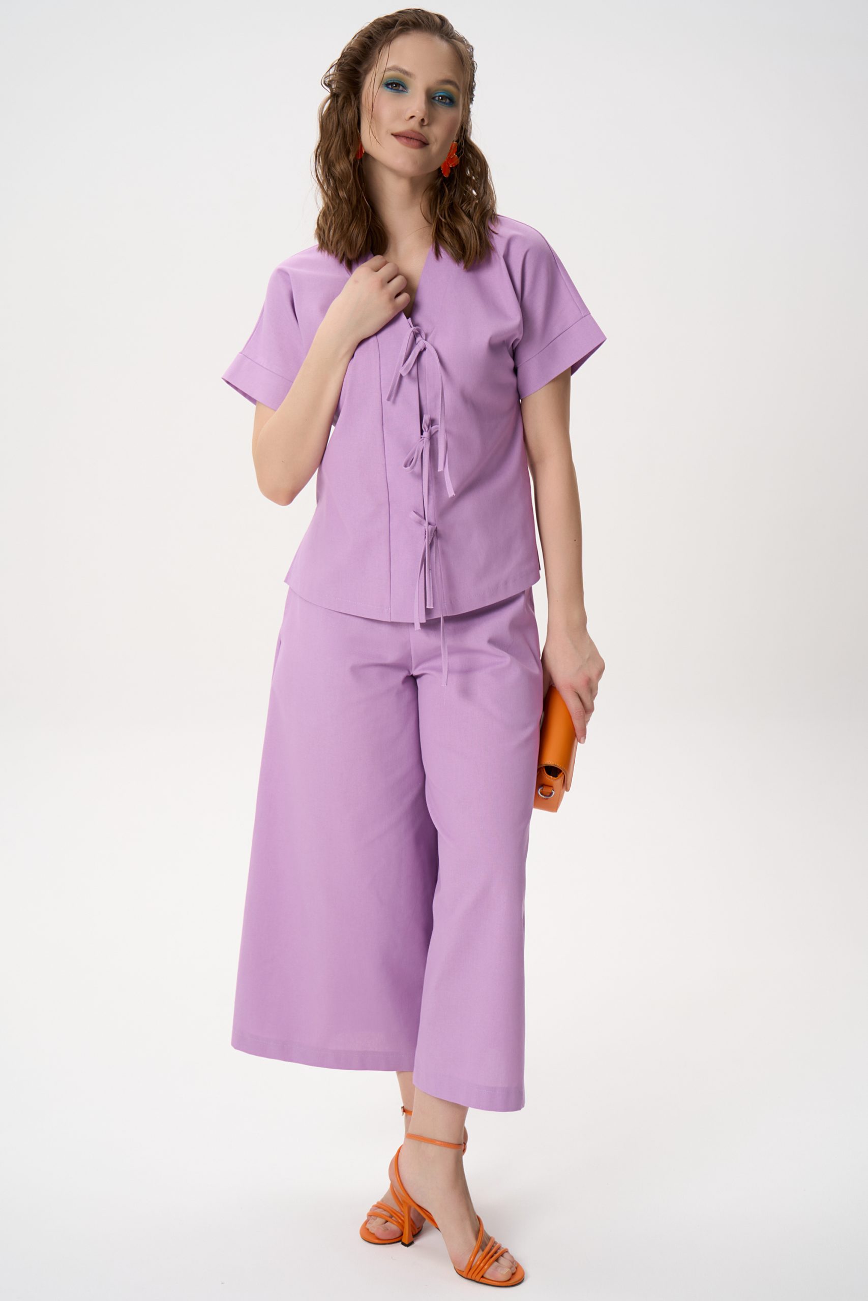 Костюм льняной сиреневый с брюками Elza(фото8)