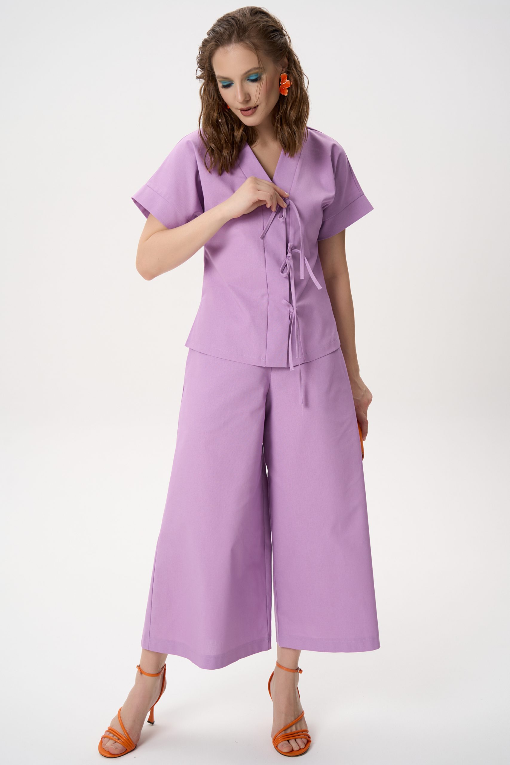 Костюм льняной сиреневый с брюками Elza(фото10)