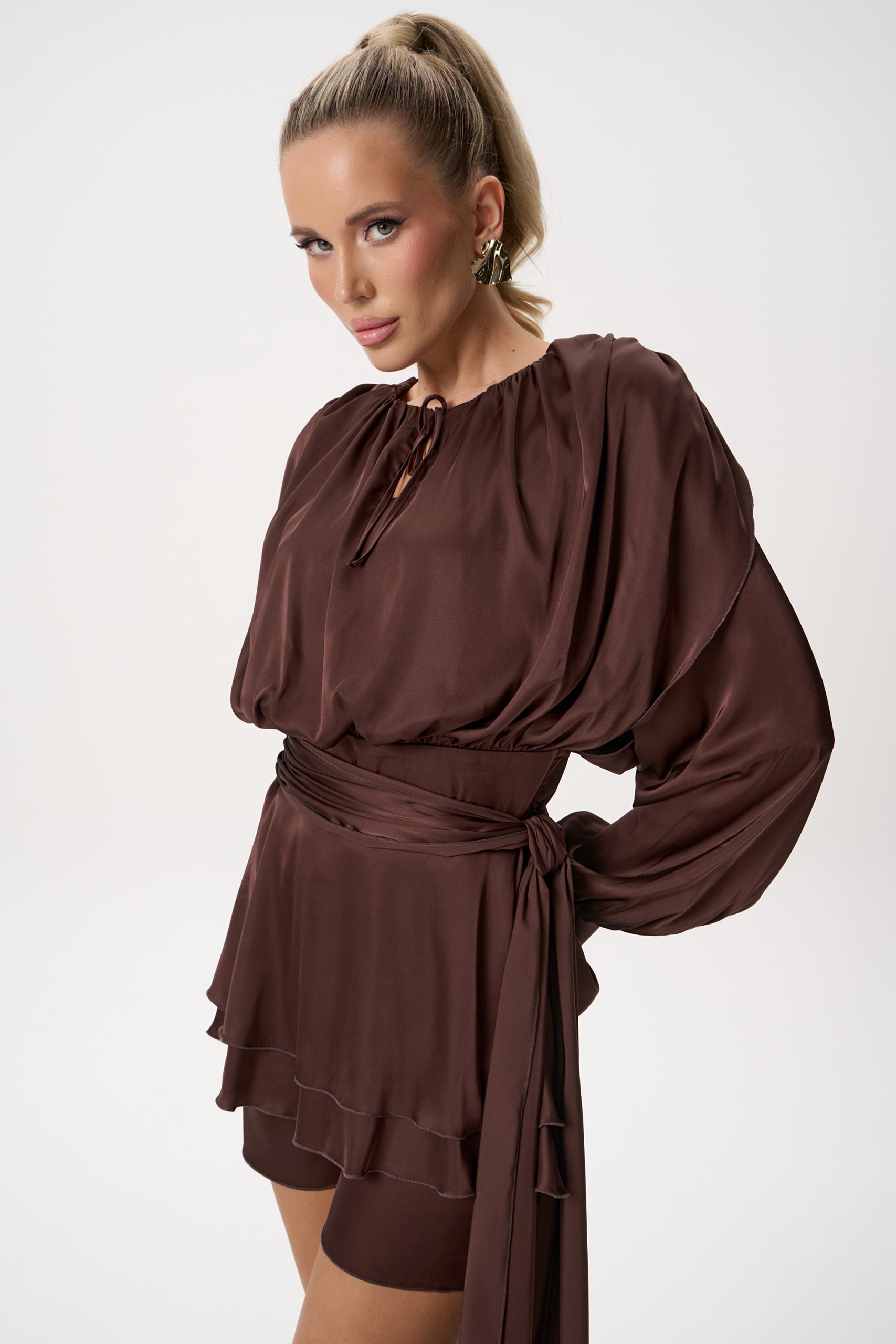 Платье мини шоколадного цвета оригинальное Elza(фото8)