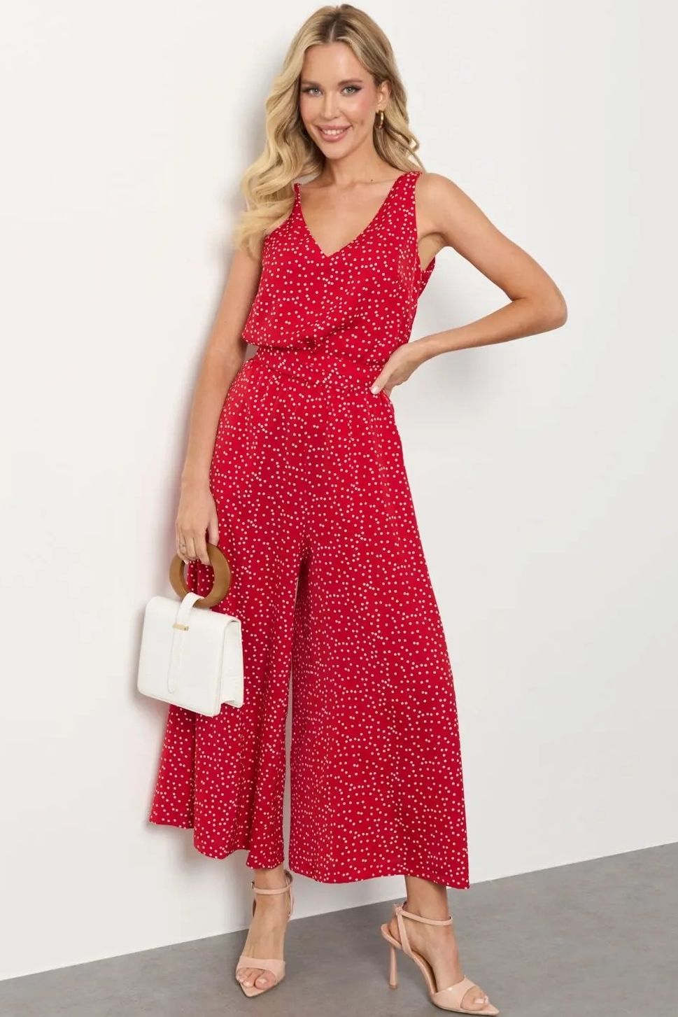 Комбинезон красный в горошек с широкими брюками-палаццо Jetty