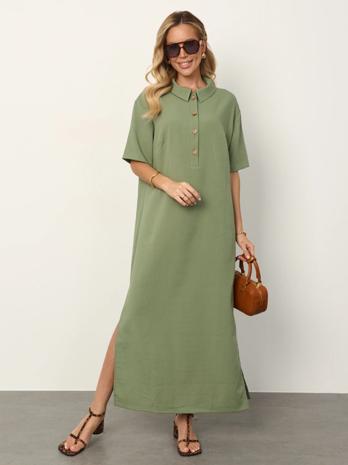 Платье-футболка из хлопка цвета хаки Jetty(фото6)