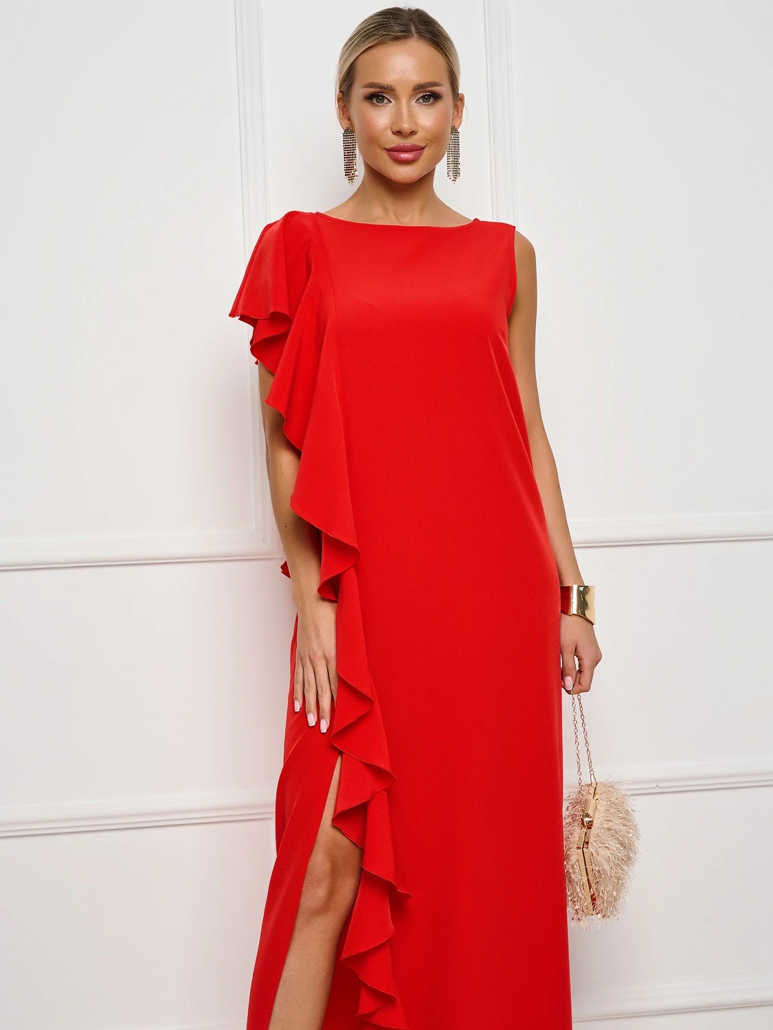 Платье длинное красное с воланом Jetty(фото4)