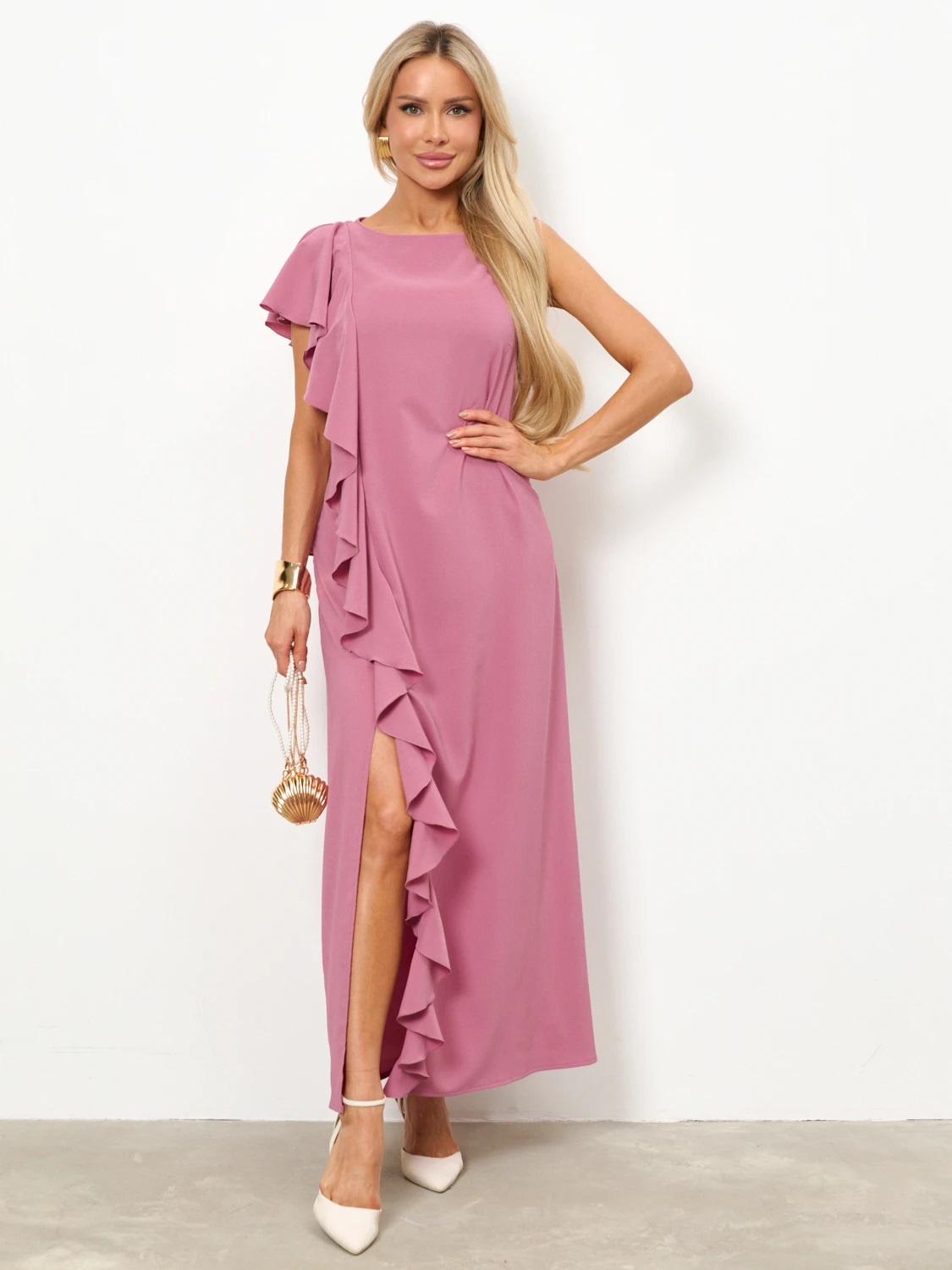 Платье длинное розовое с воланом Jetty(фото4)