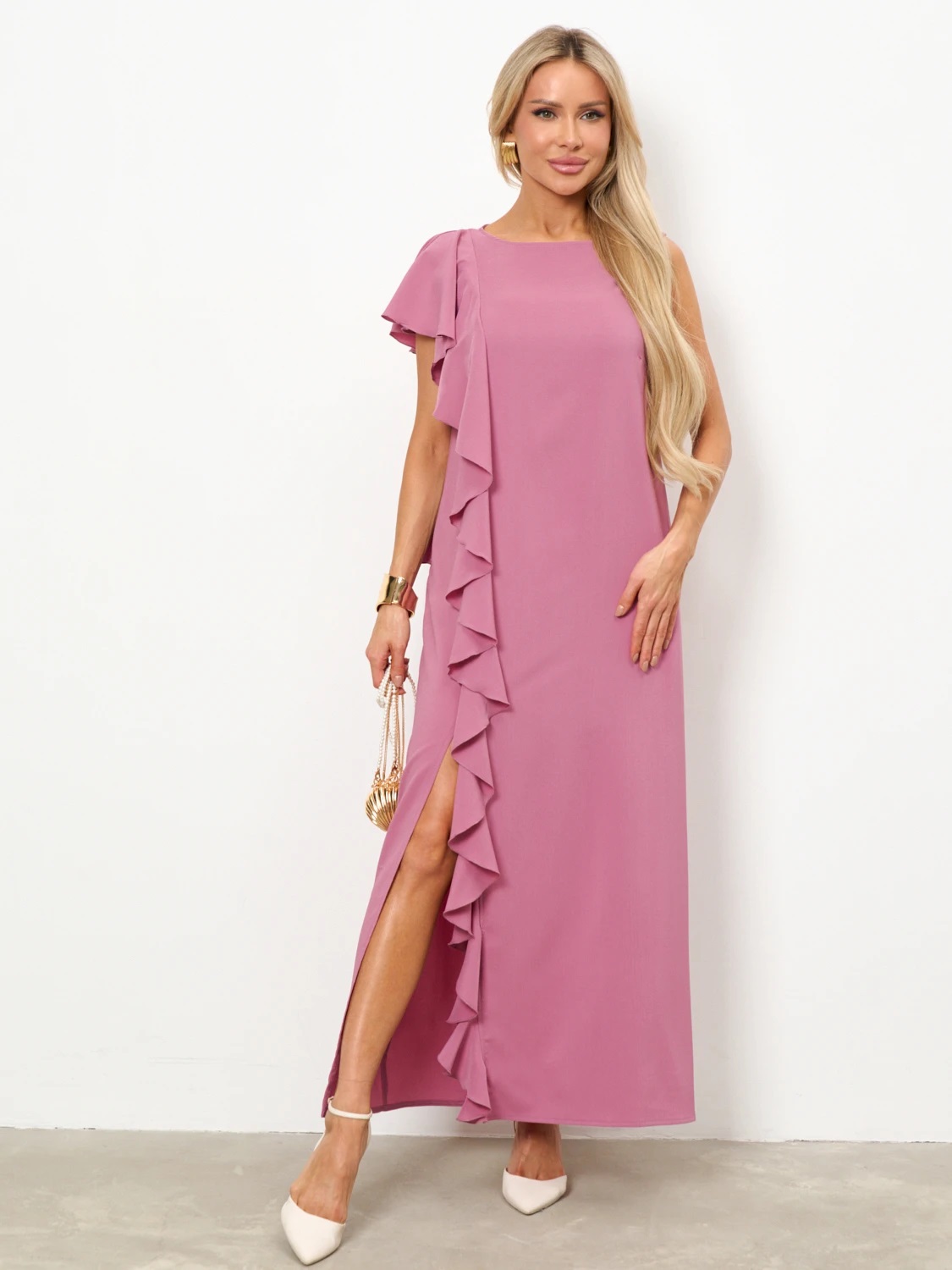 Платье длинное розовое с воланом Jetty(фото5)