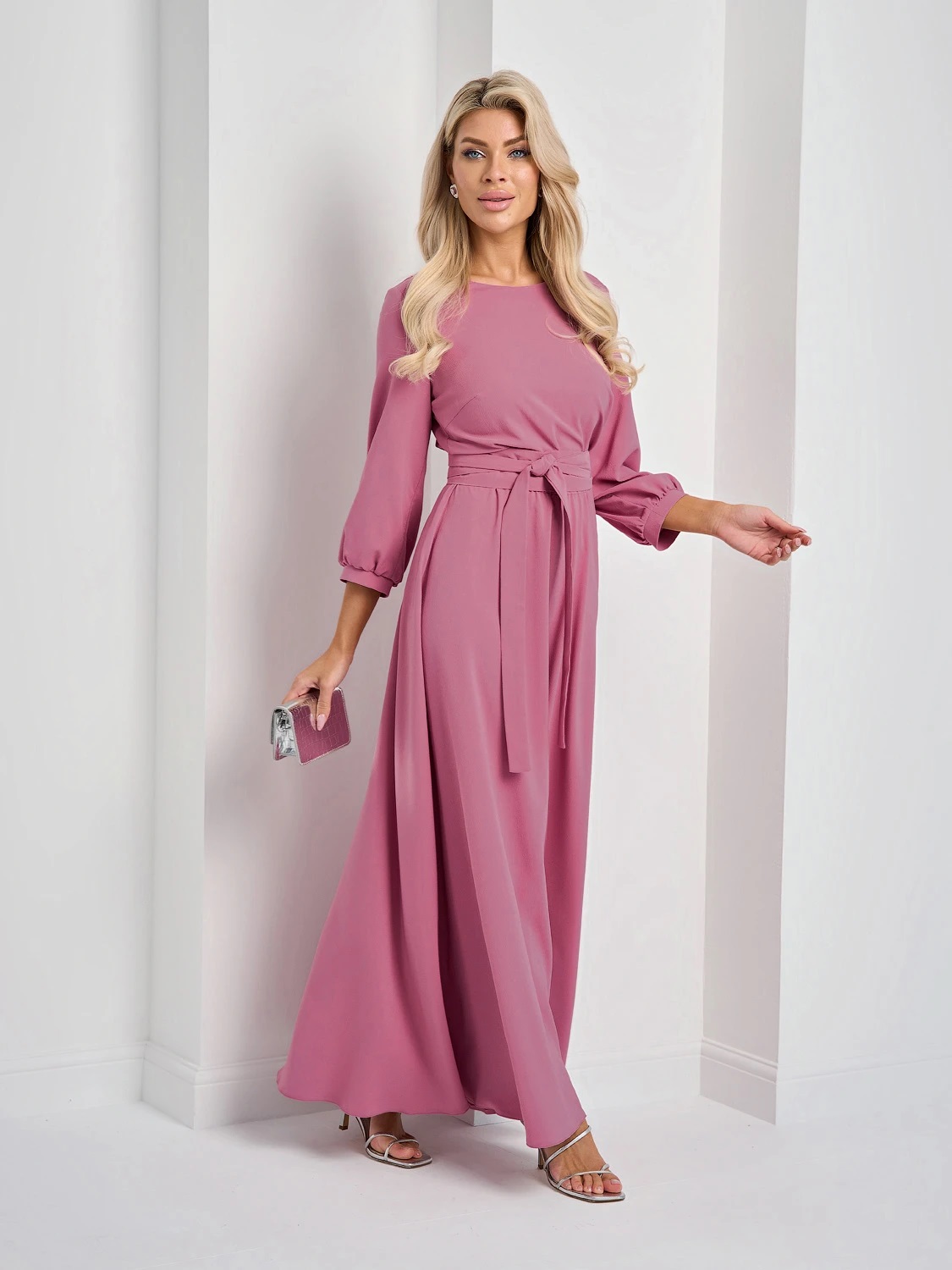 Платье длинное розовое с поясом-кушак Jetty(фото6)
