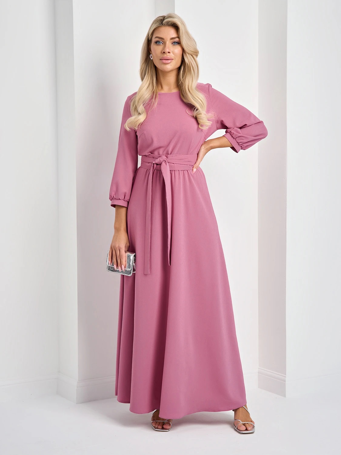 Платье длинное розовое с поясом-кушак Jetty(фото4)