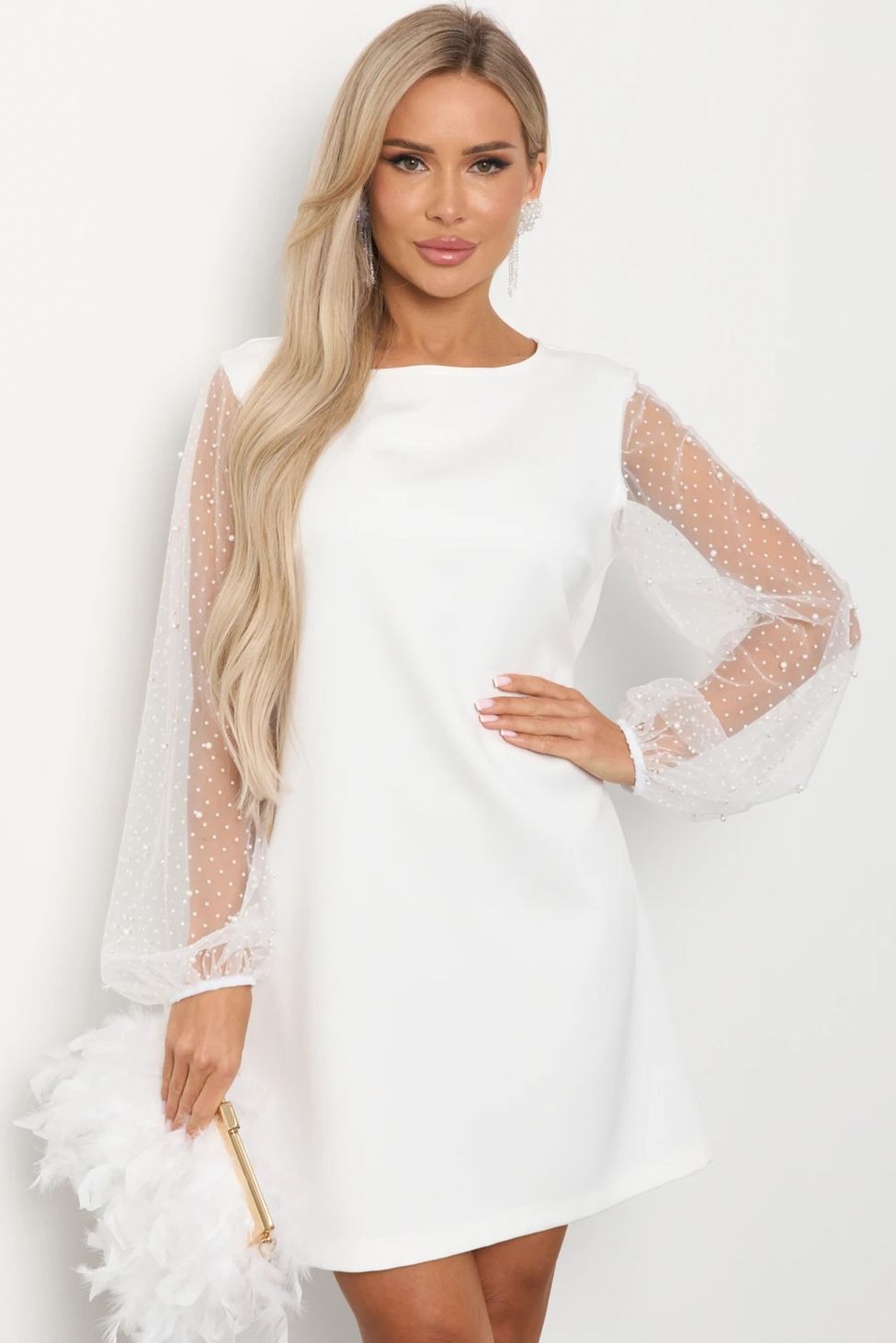 Платье белое с рукавами из сетки Jetty