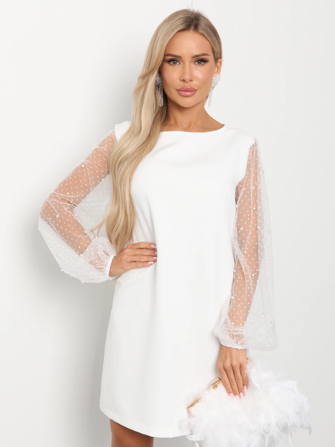 Платье белое с рукавами из сетки Jetty(фото7)