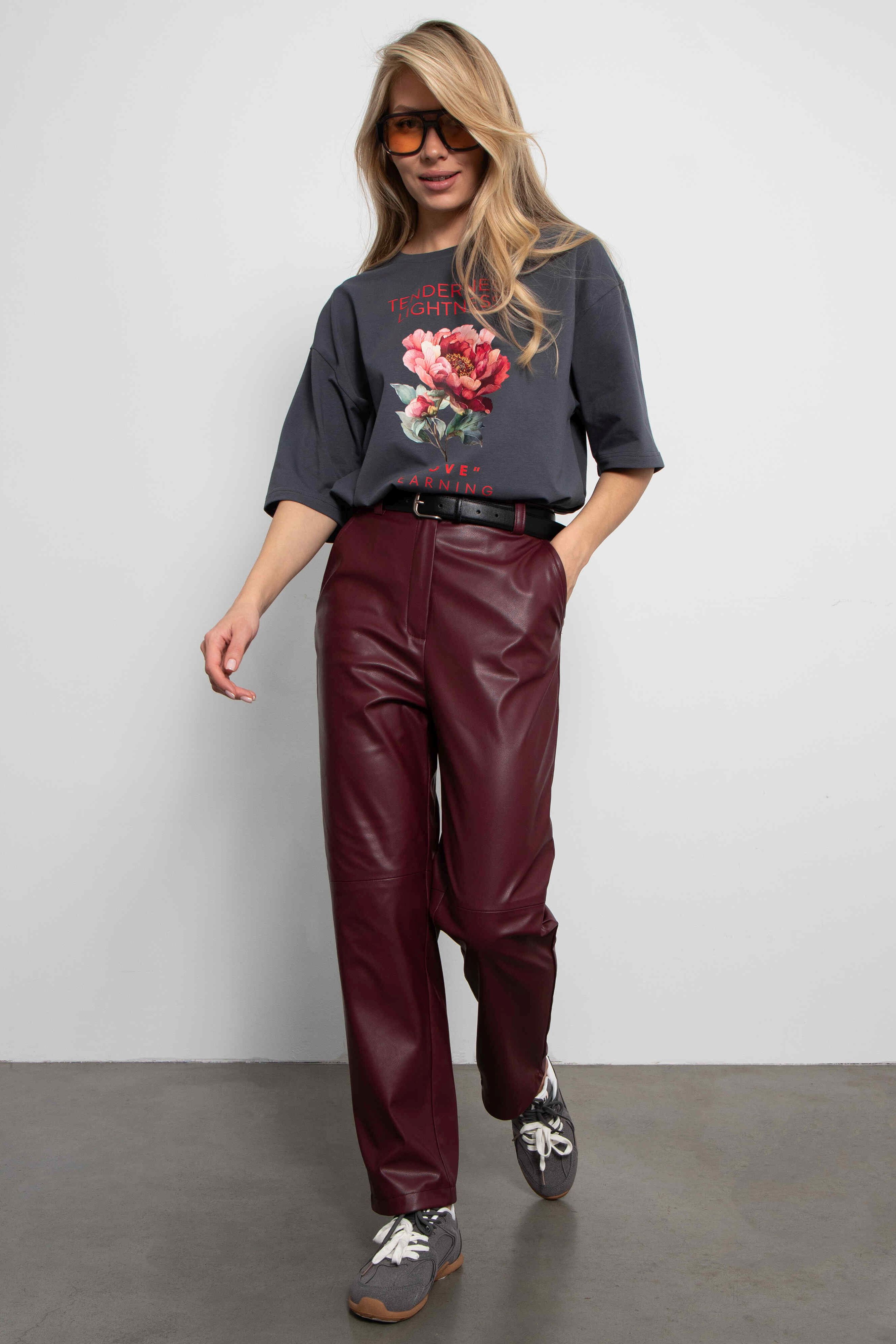 Брюки бордовые из экокожи с микроначёсом Kosmos