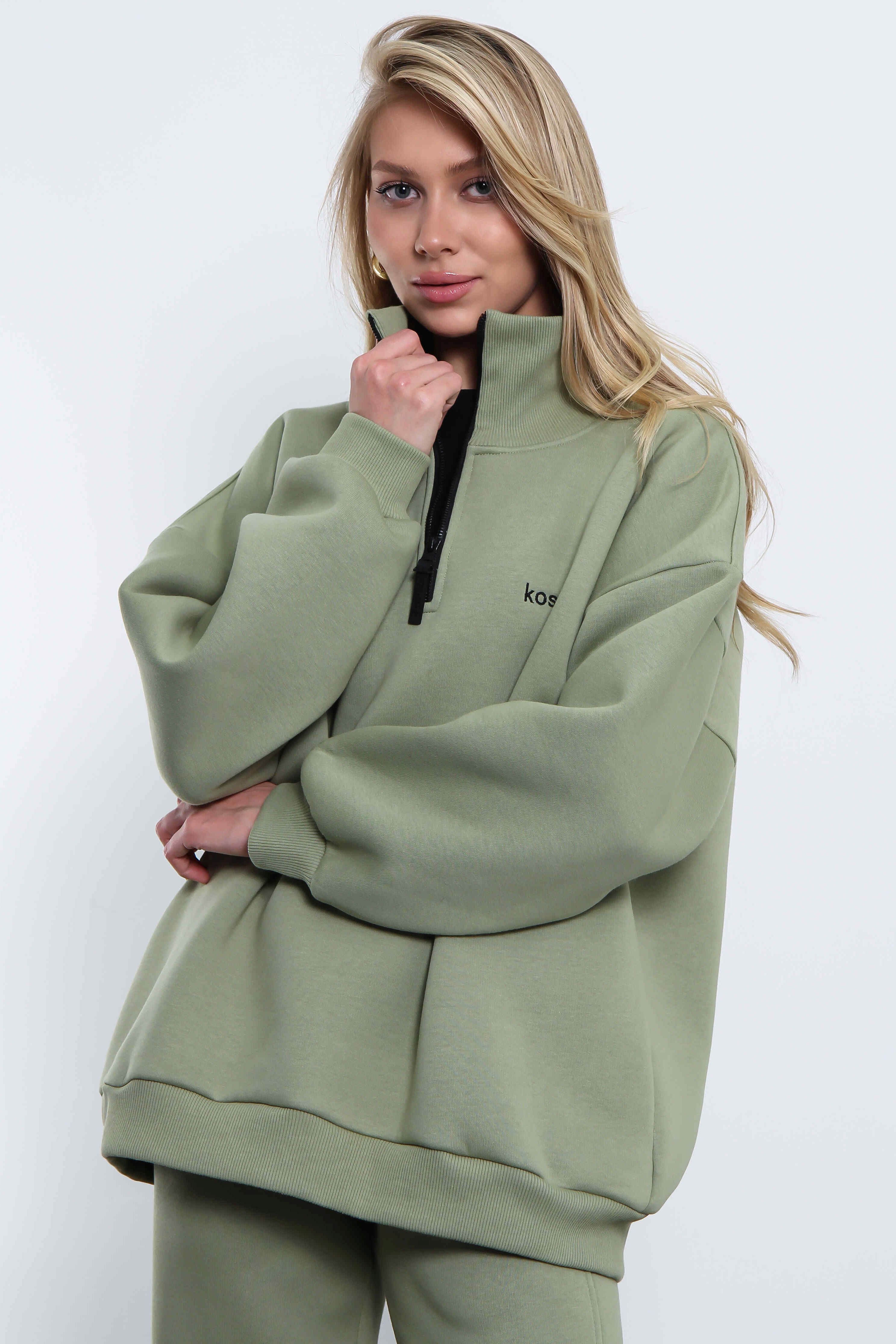 Свитшот на молнии из футера оливкового цвета Kosmos