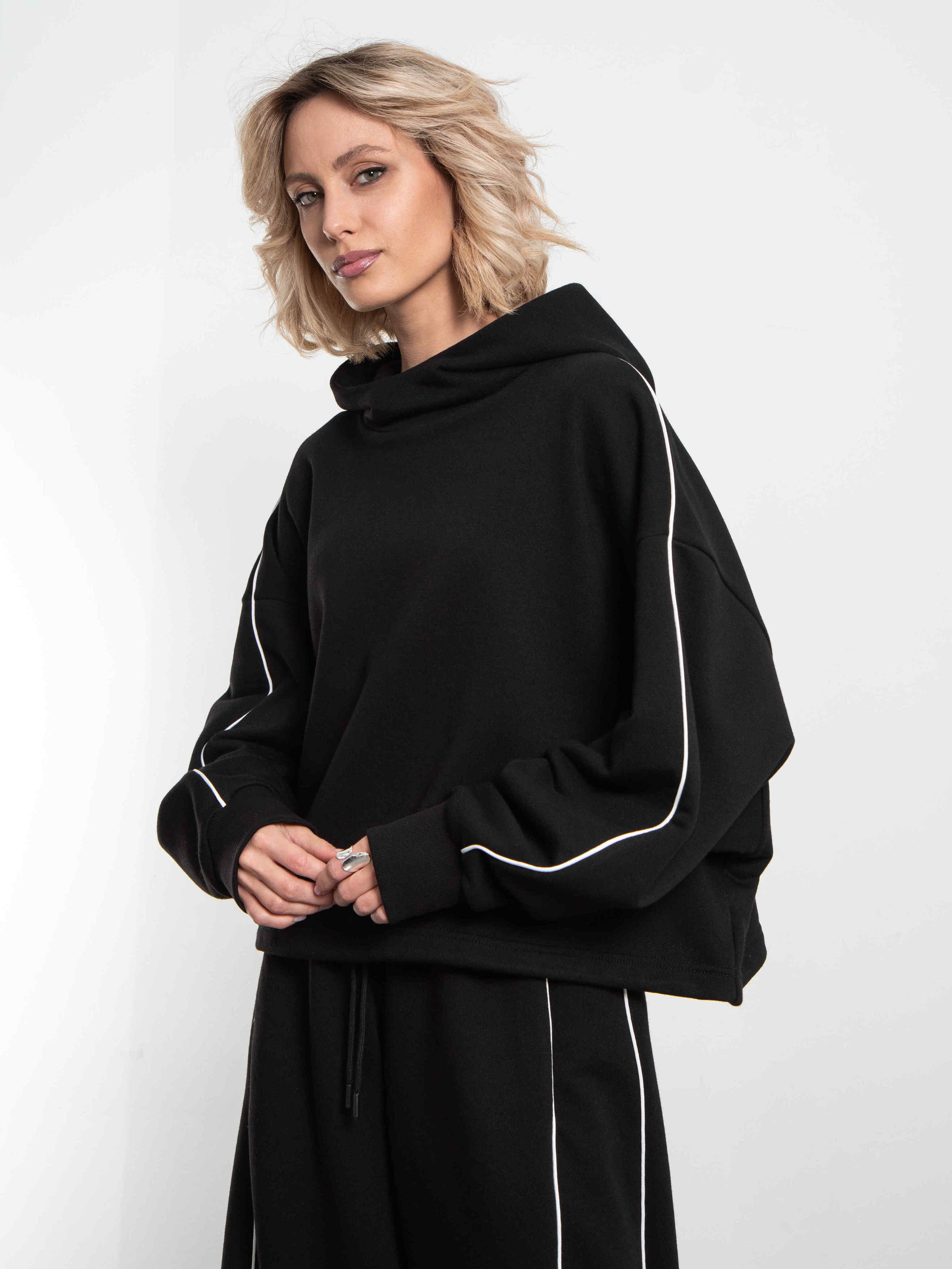 Худи чёрное из премиального футера без начёса Kosmos(фото5)