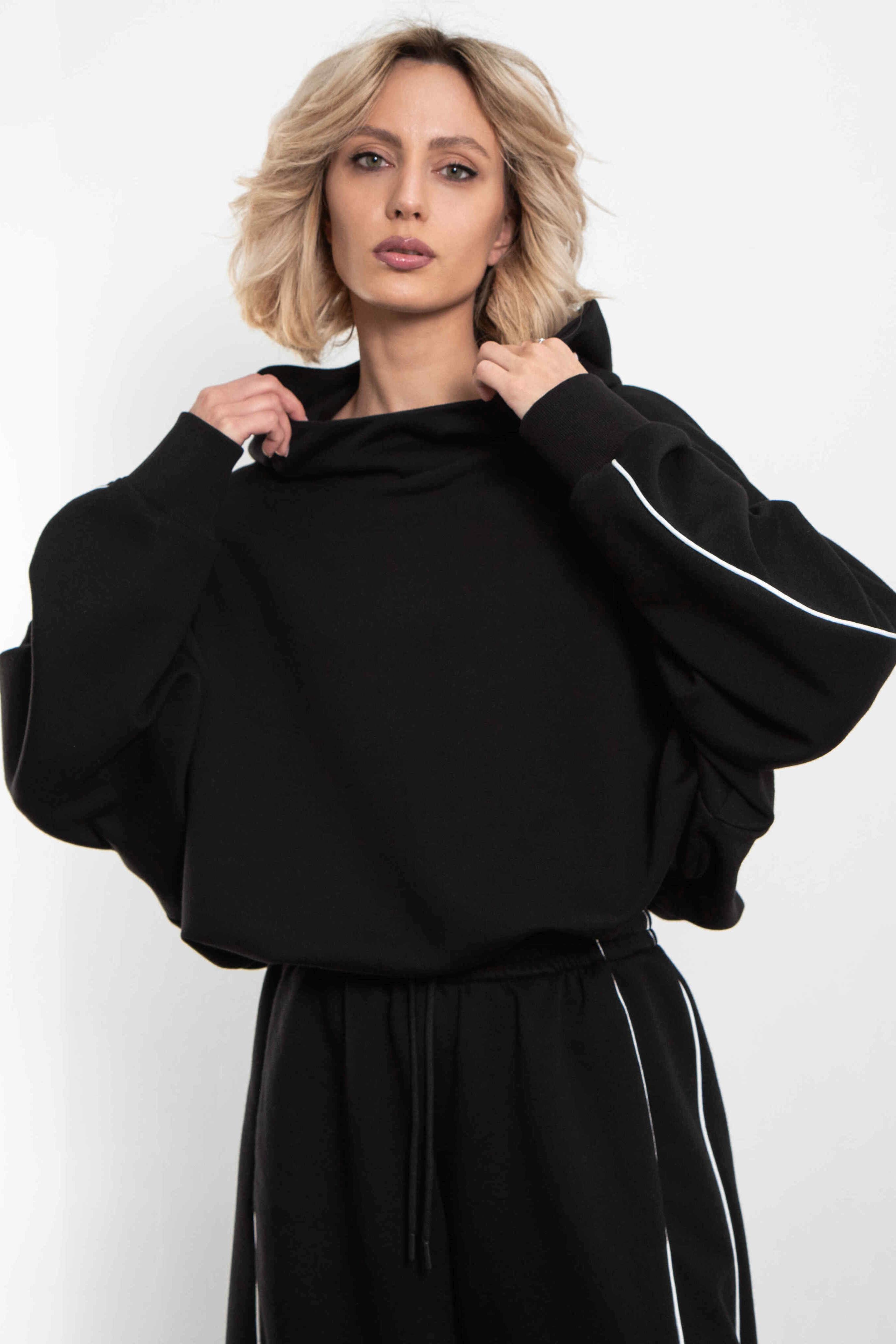 Худи чёрное из премиального футера без начёса Kosmos