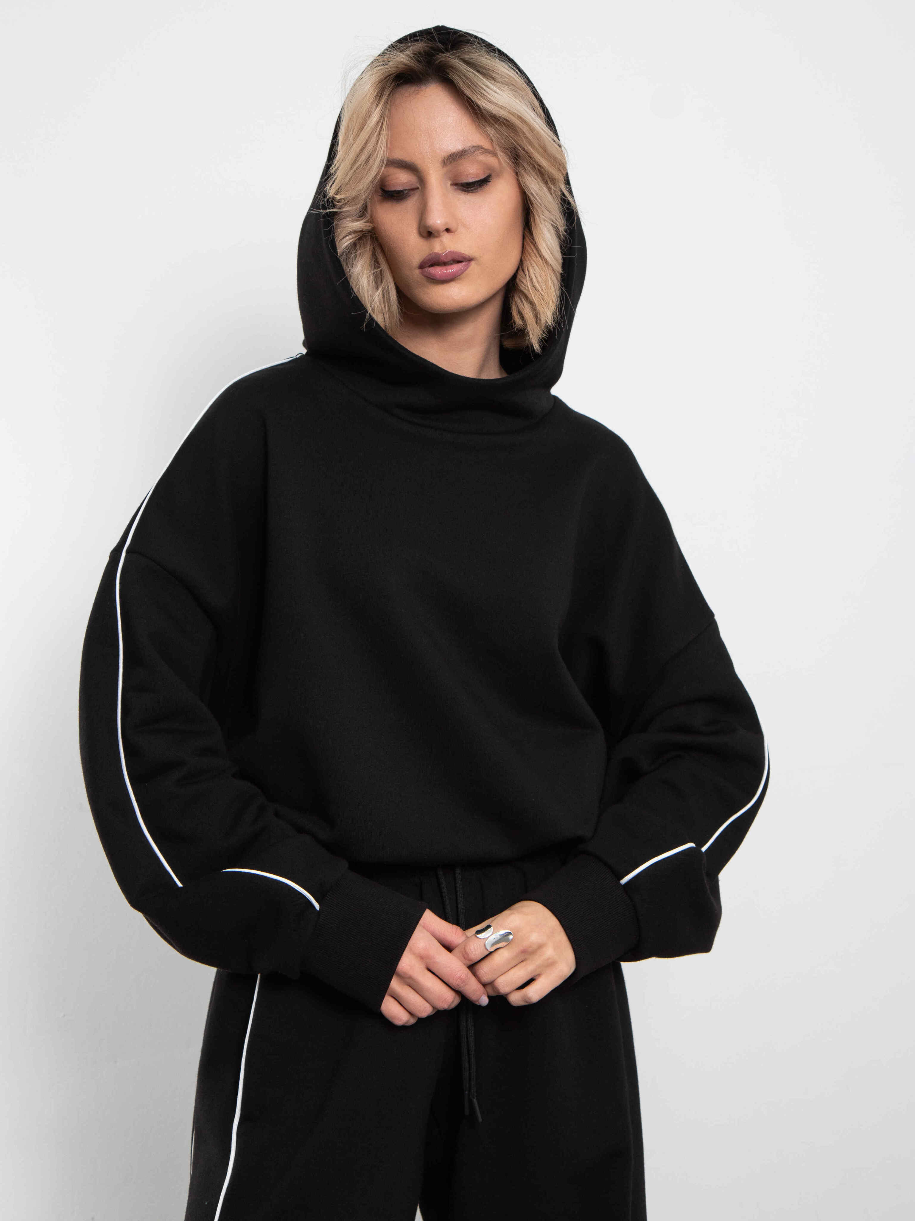 Худи чёрное из премиального футера без начёса Kosmos(фото8)