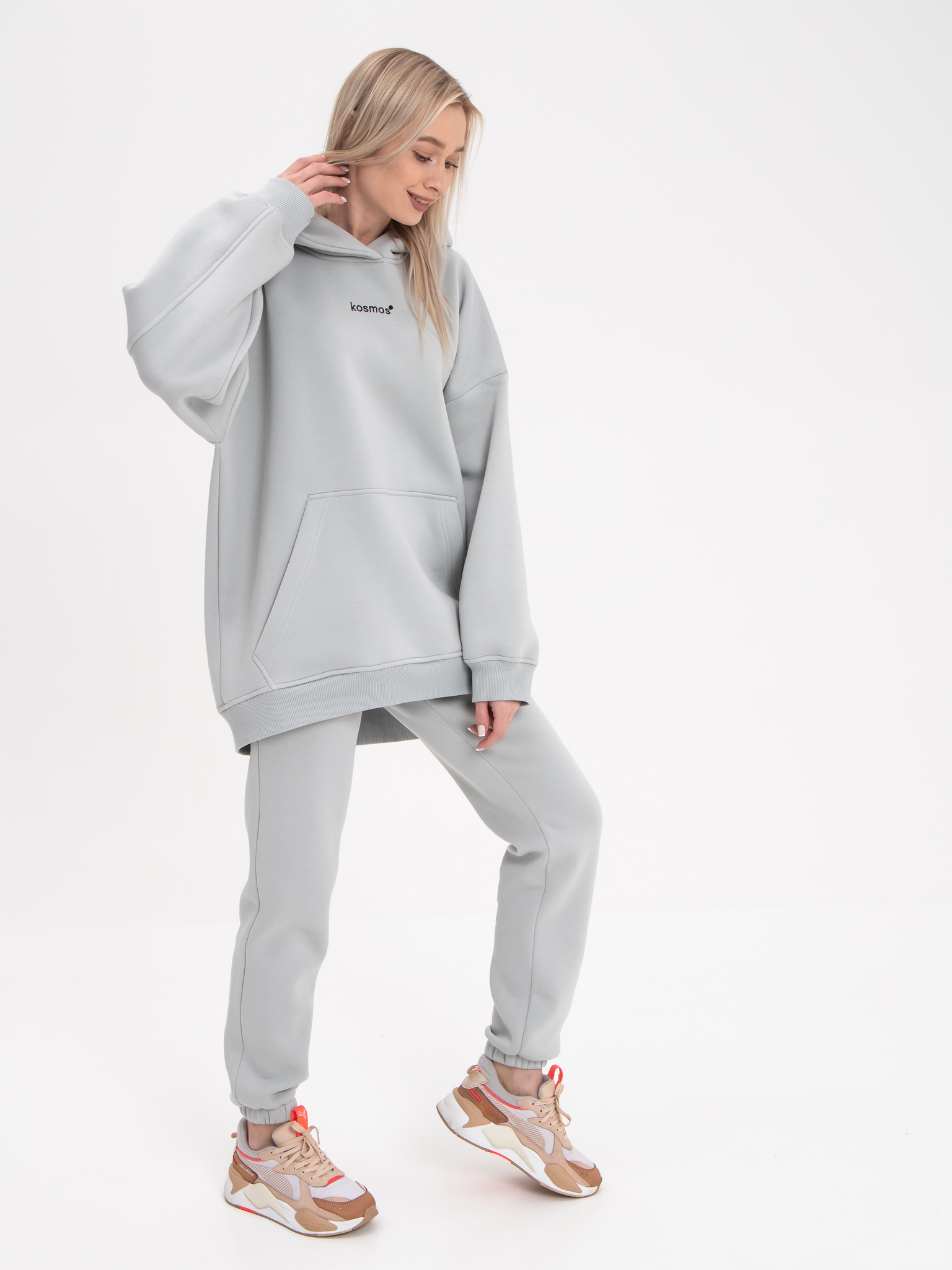 Худи оверсайз с начёсом светло-серого цвета Kosmos(фото5)